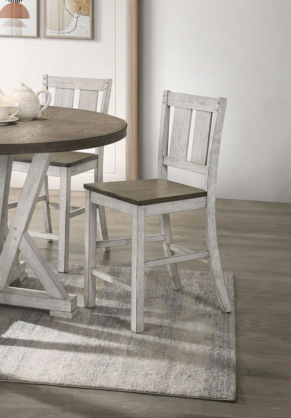 Rustic distressed white counter stool with wood seat