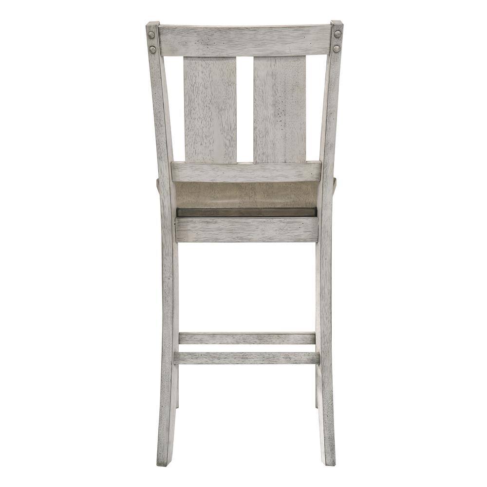 Distressed white wooden bar stool with padded seat