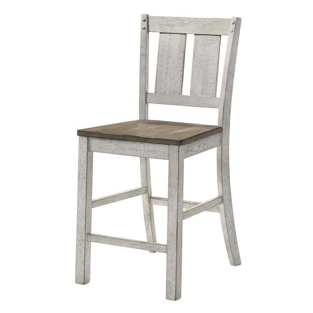 Distressed white wooden counter stool with a distressed gray seat and spindle back