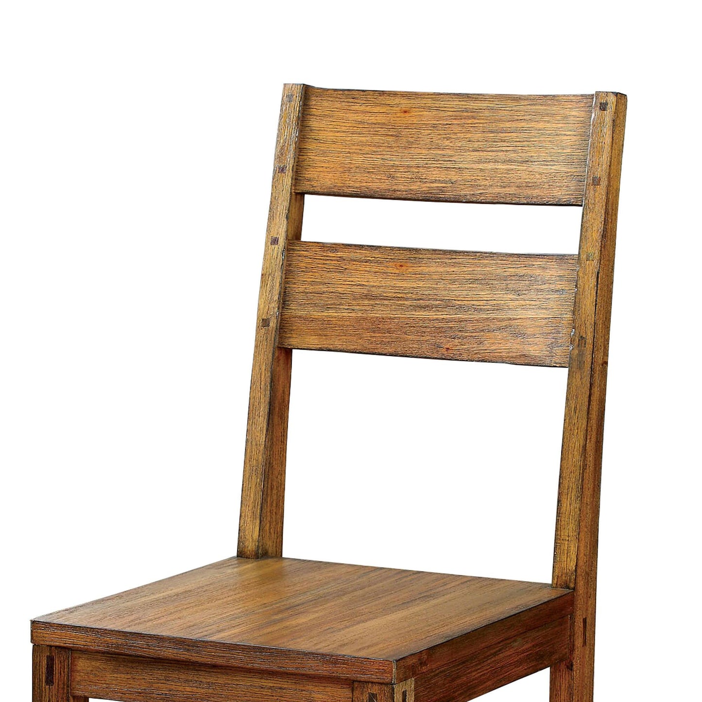 Rustic oak dining chair with horizontal slat back and sturdy wooden seat