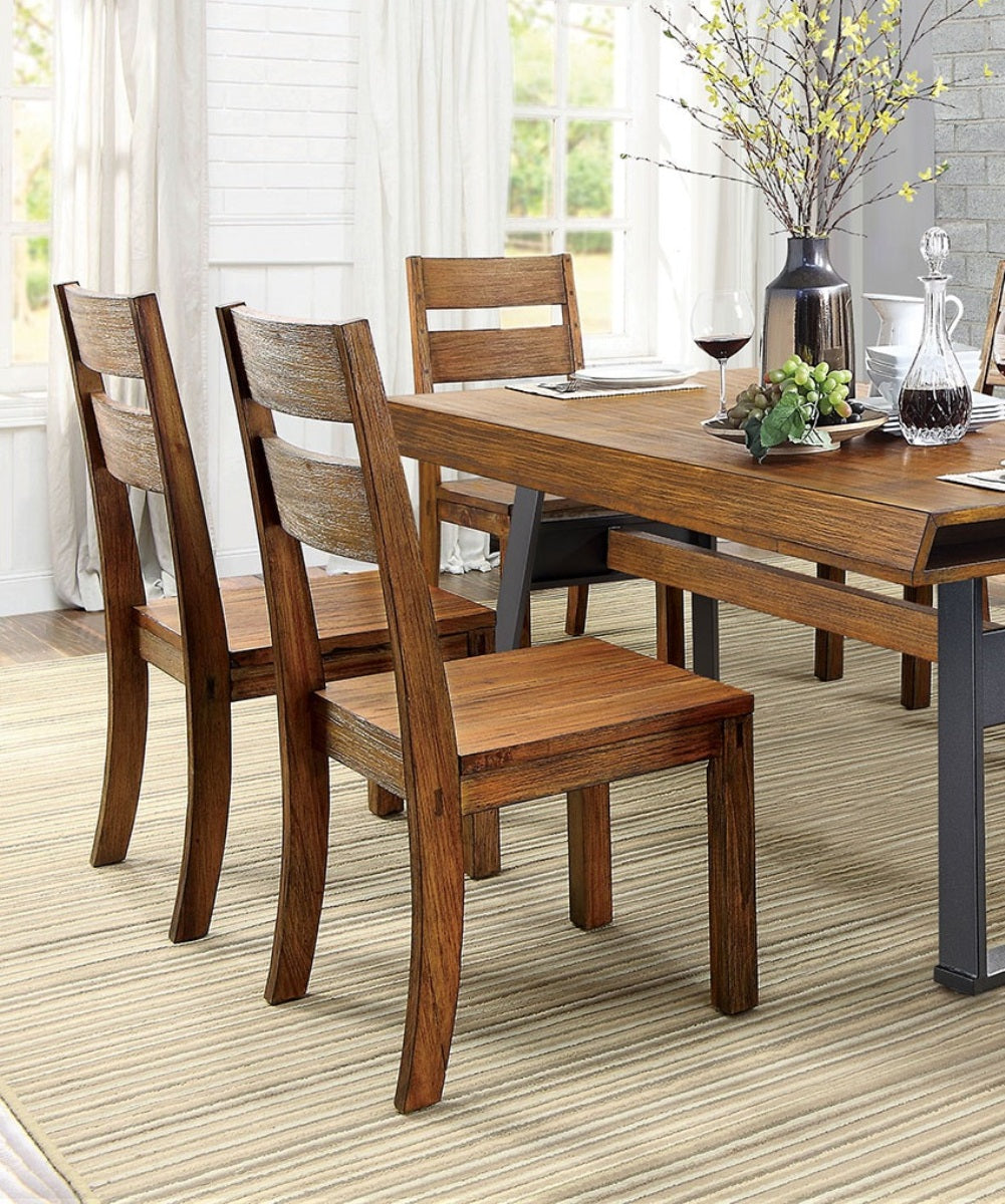 Rustic wooden dining chairs with slatted backs