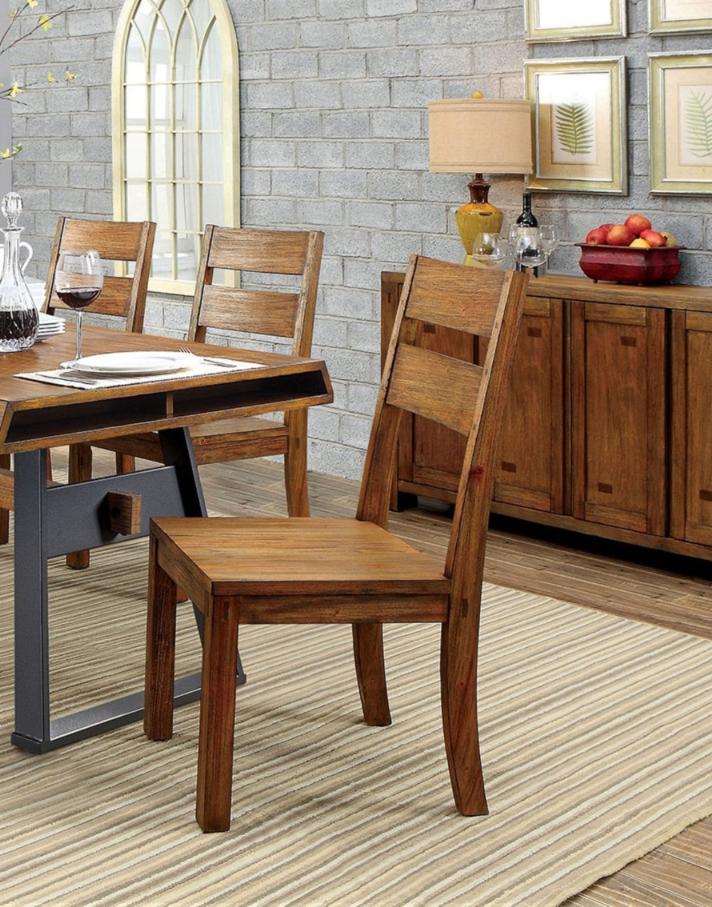 Brown wooden dining chair with slatted back