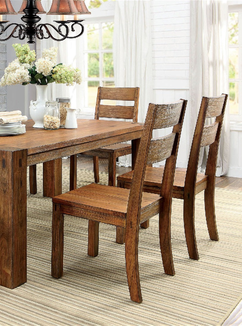 Rustic oak dining chairs with slatted backs