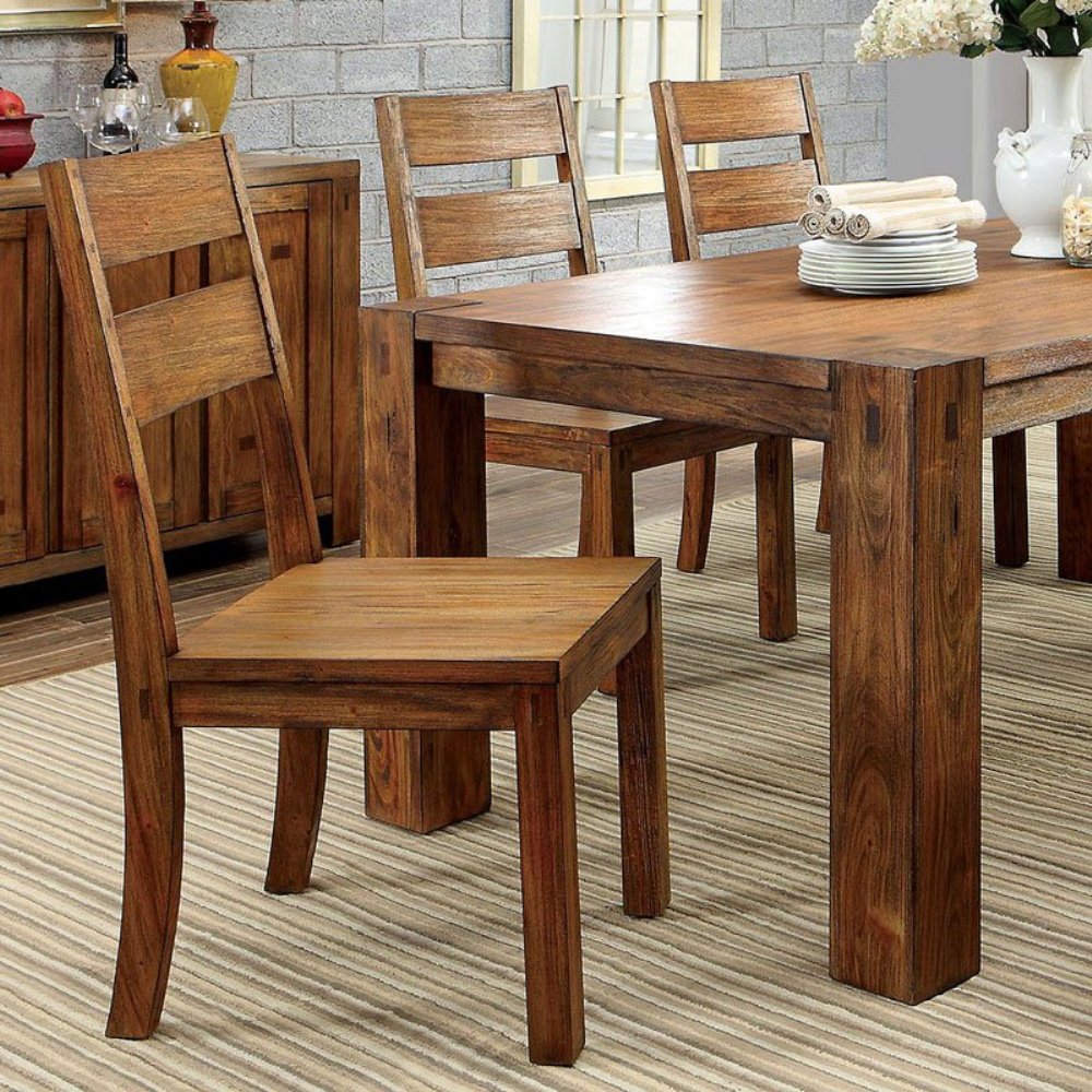 Rustic solid wood dining chair with slatted back and warm brown finish