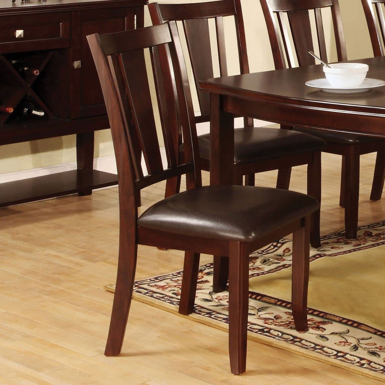 Dark cherry wood dining chair with upholstered seat