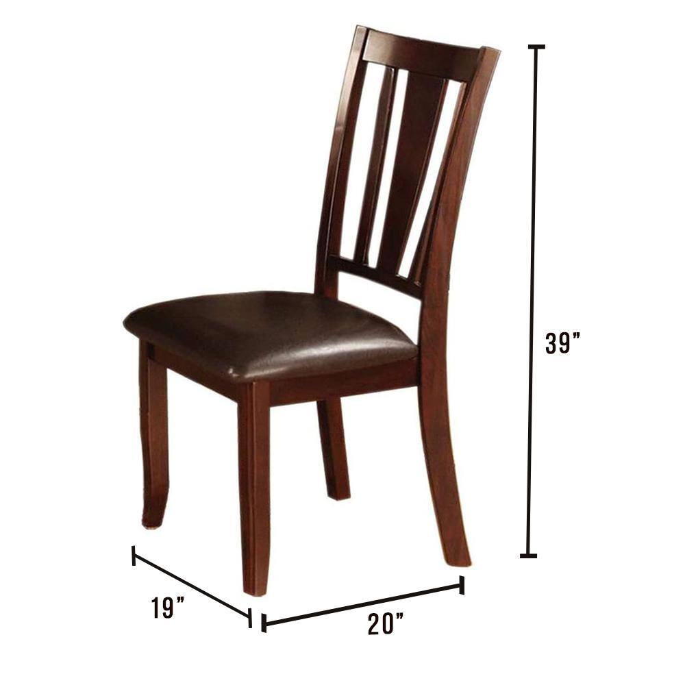 Rich brown wooden dining chair with upholstered seat and slatted back