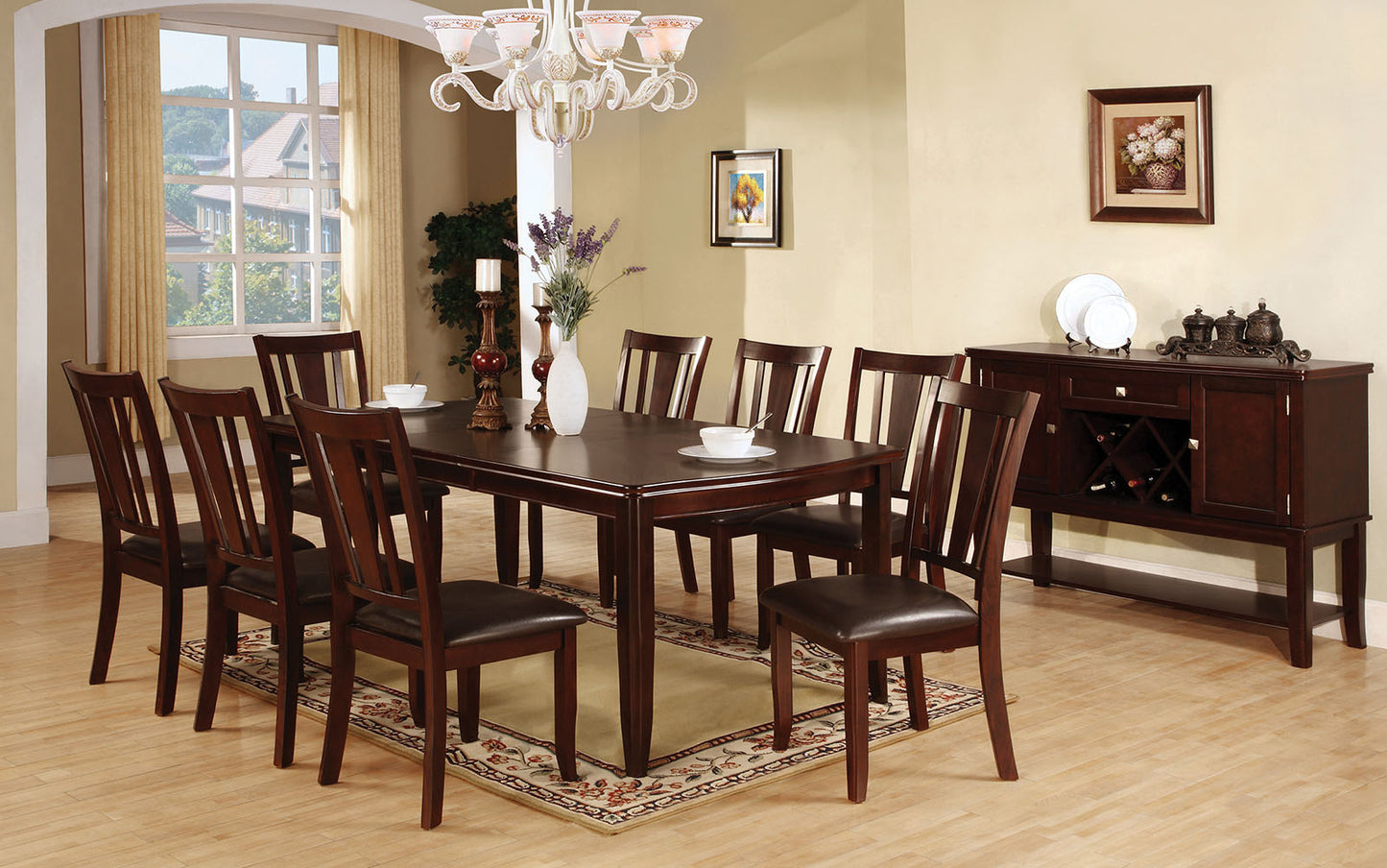 Dark wood dining table with eight chairs