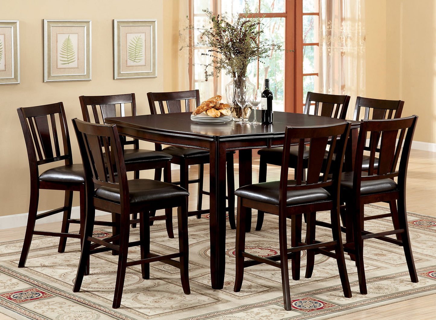 Dark wood counter height dining table with eight brown leatherupholstered chairs