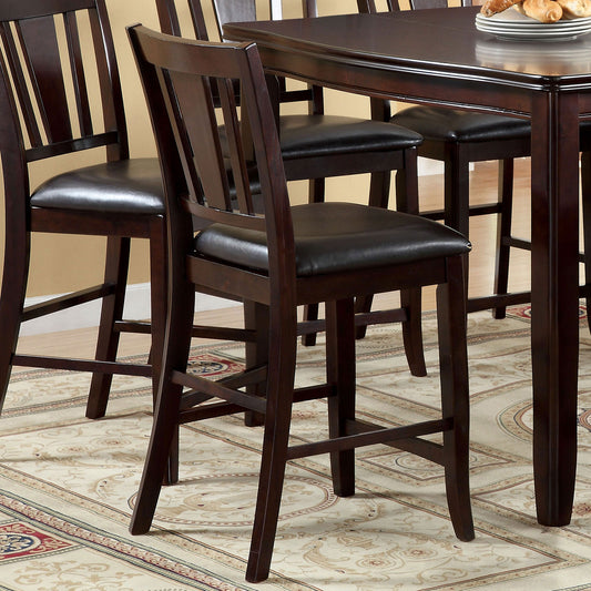 Dark brown wooden bar stool with black leather seat