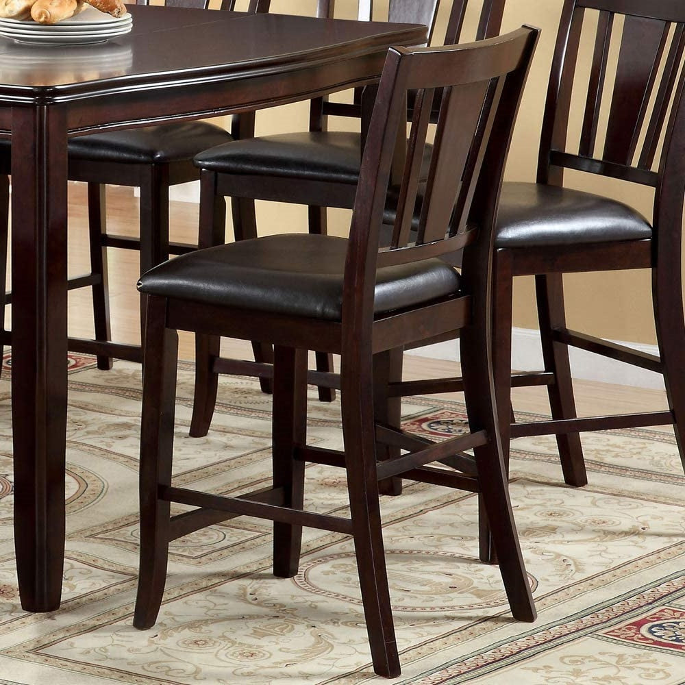 Dark wood counter stool with black leather seat and slatted back