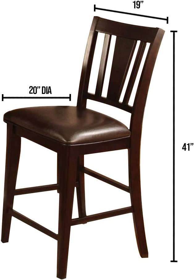 Dark brown wooden bar stool with upholstered seat and slatted back