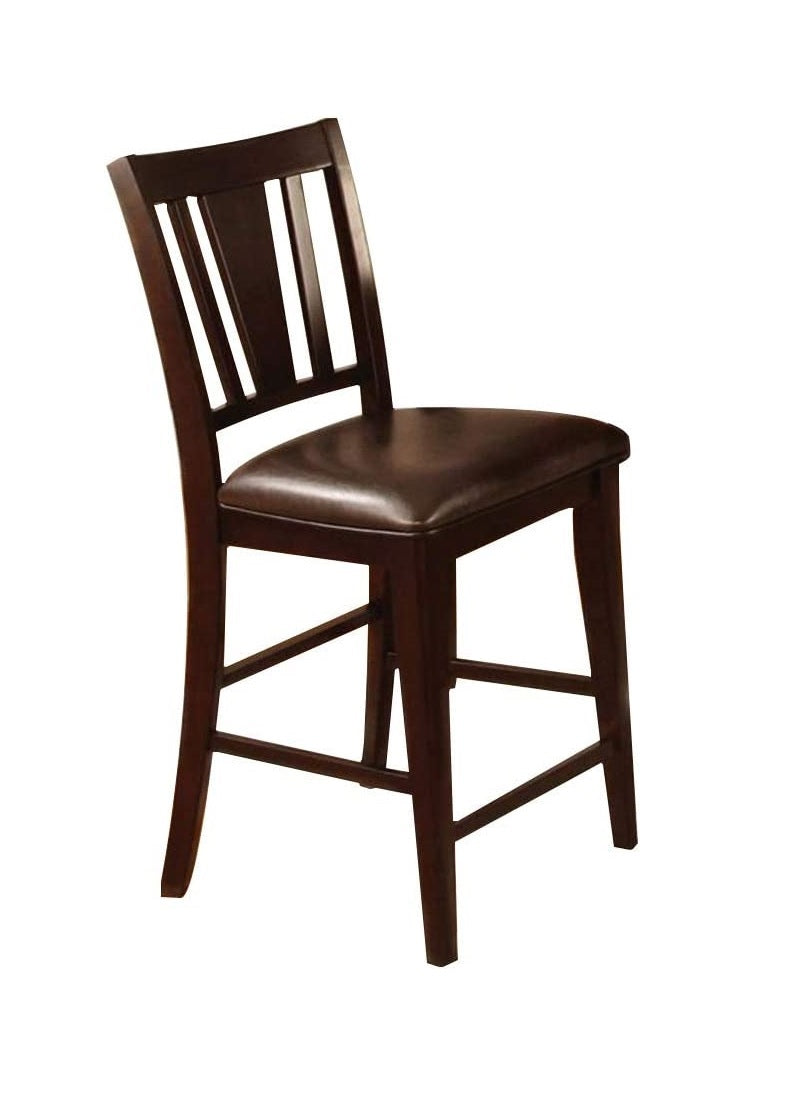 Dark brown wooden bar stool with a padded seat and slatted back