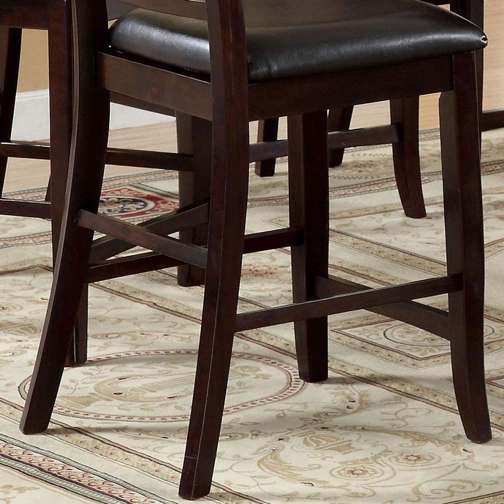 Dark wood bar stool legs with dark brown faux leather seat