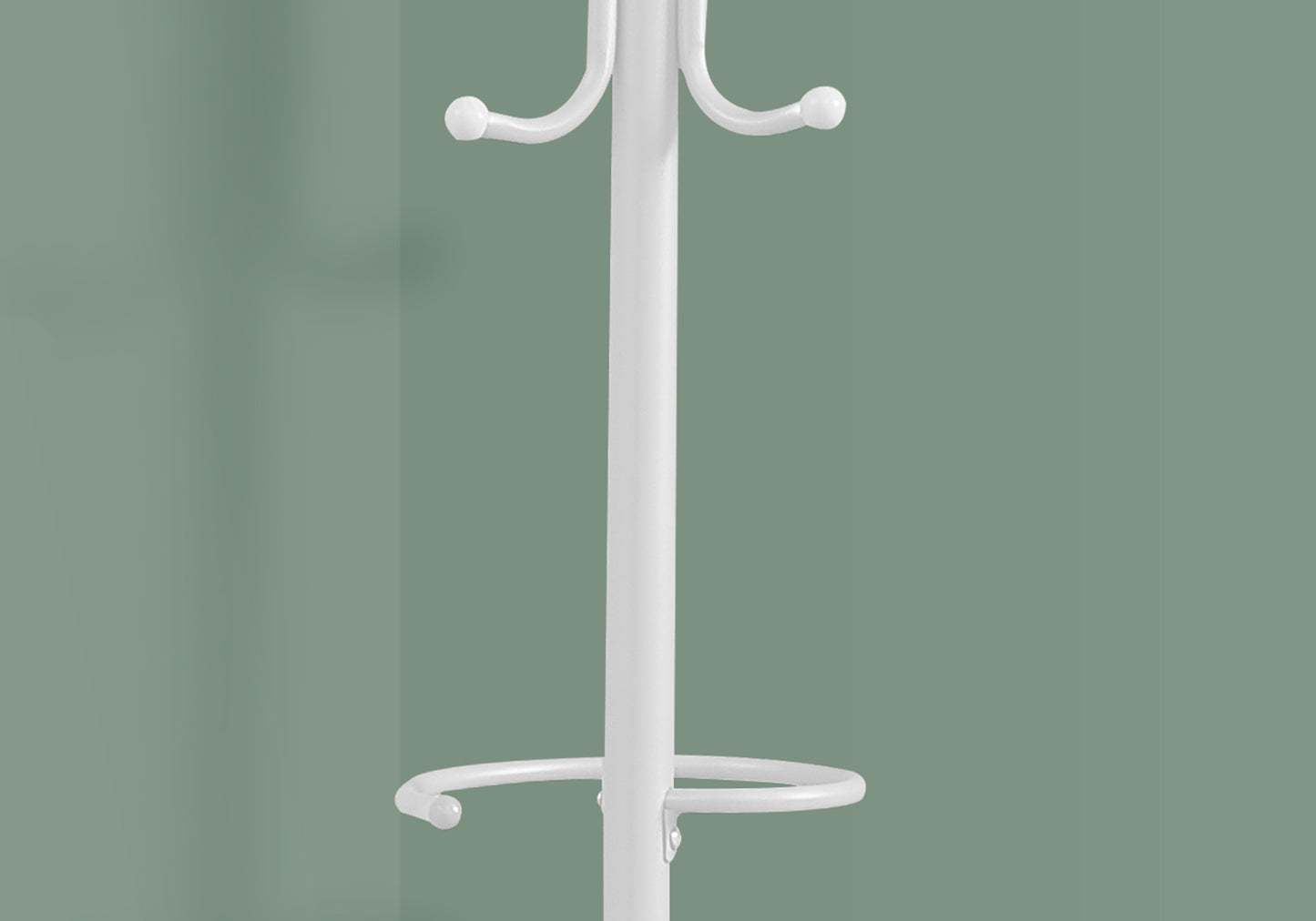 White metal coat rack with curved hooks for hanging clothes