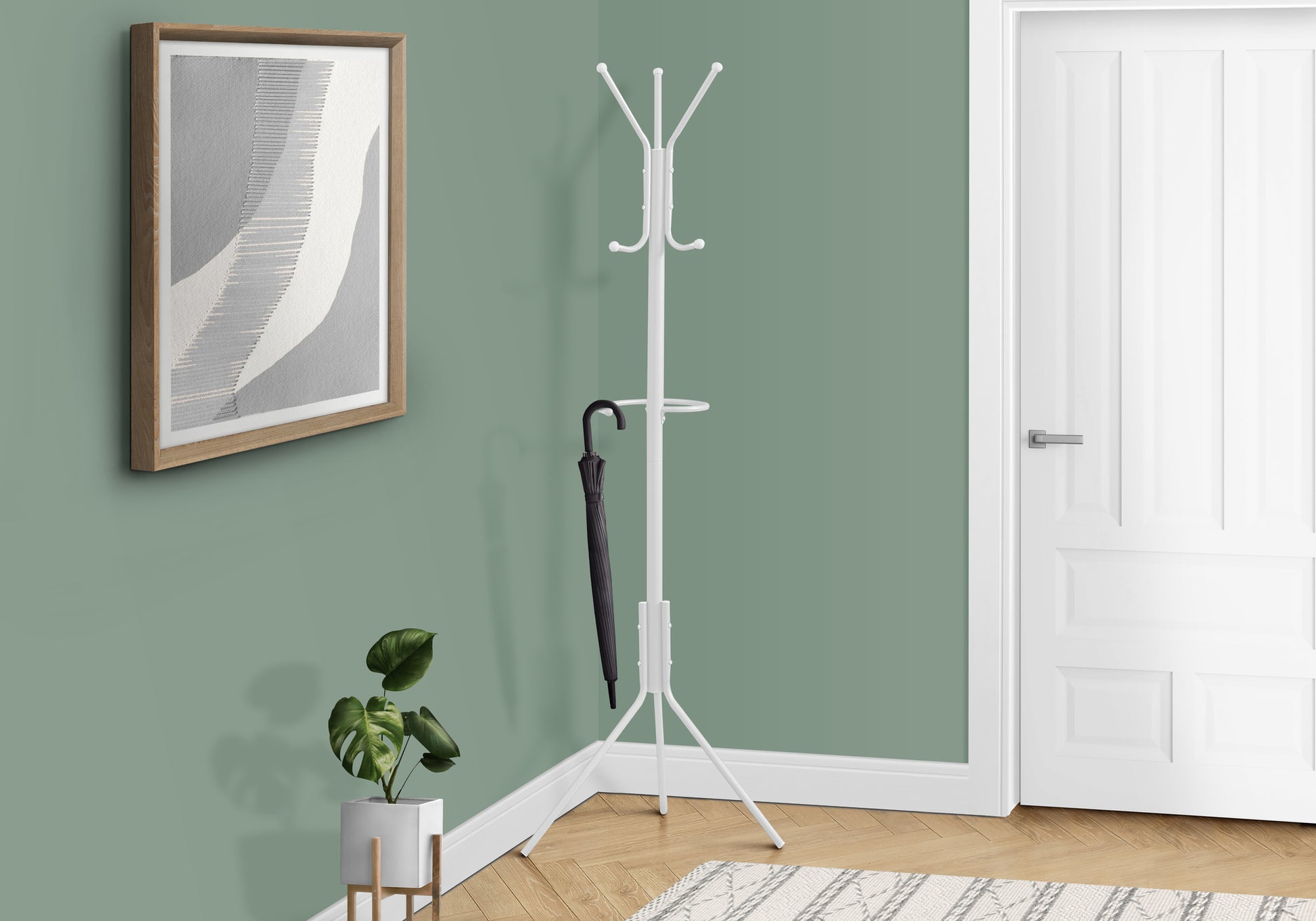 White metal coat rack with umbrella holder