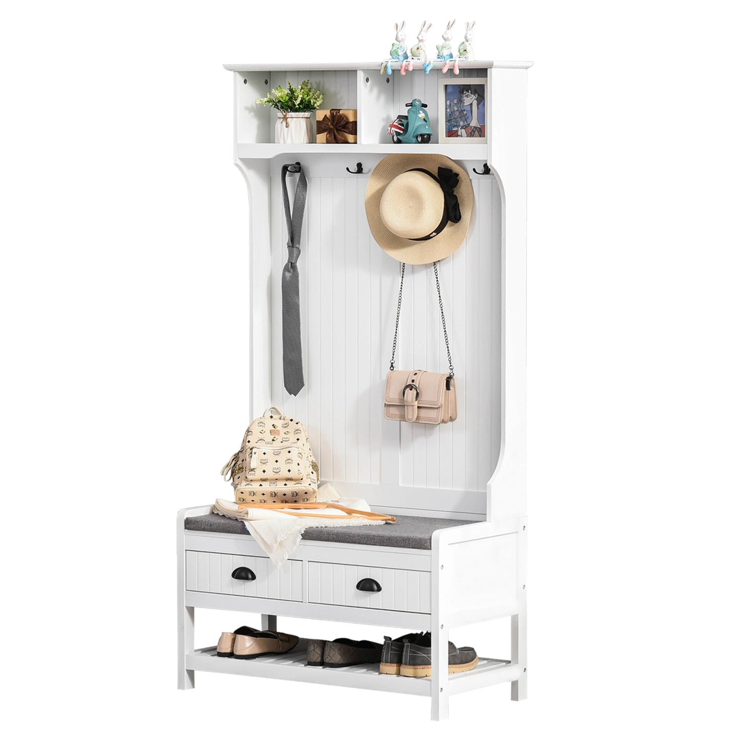 White hall tree with bench and shoe storage for entryway organization