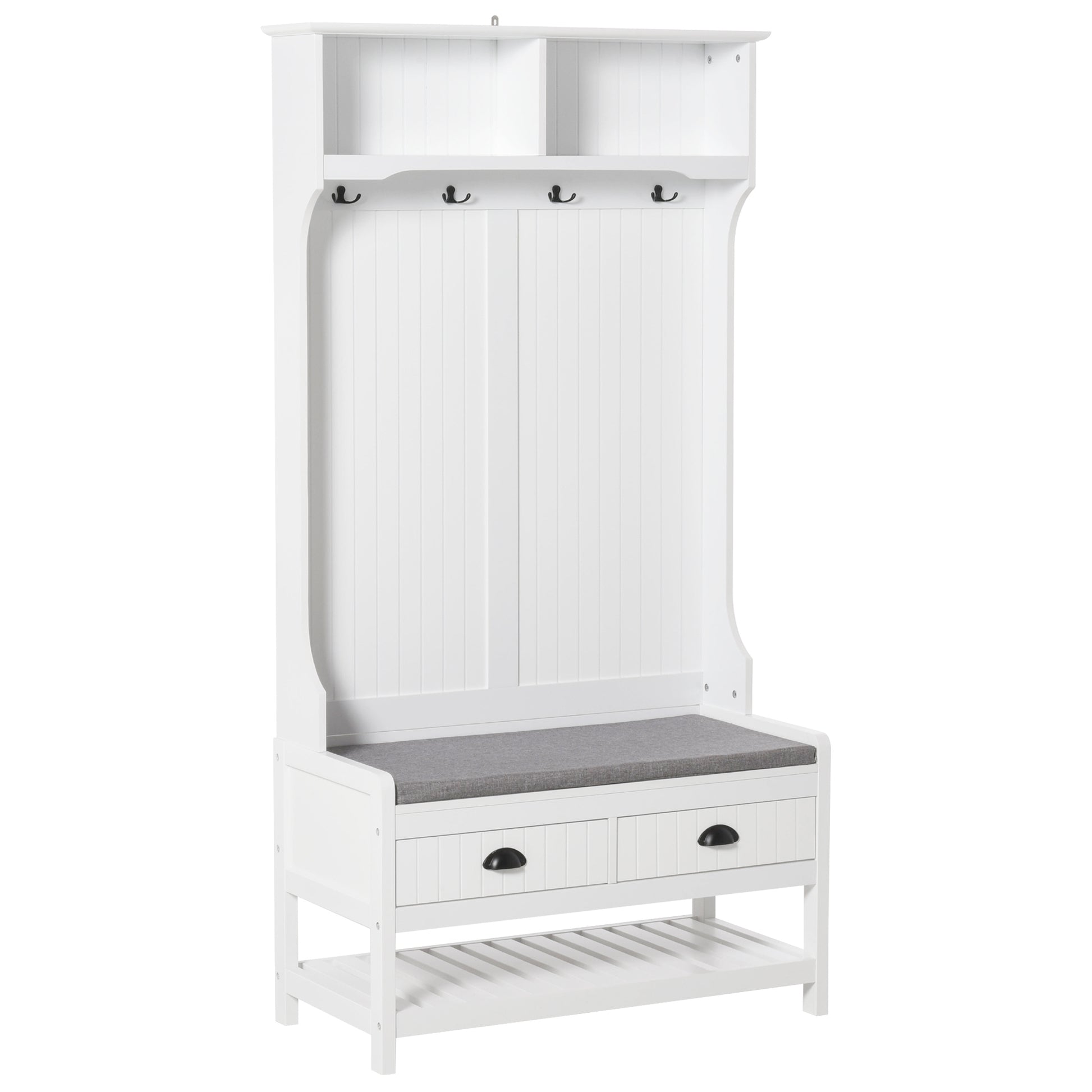 White entryway hall tree with storage bench and coat hooks