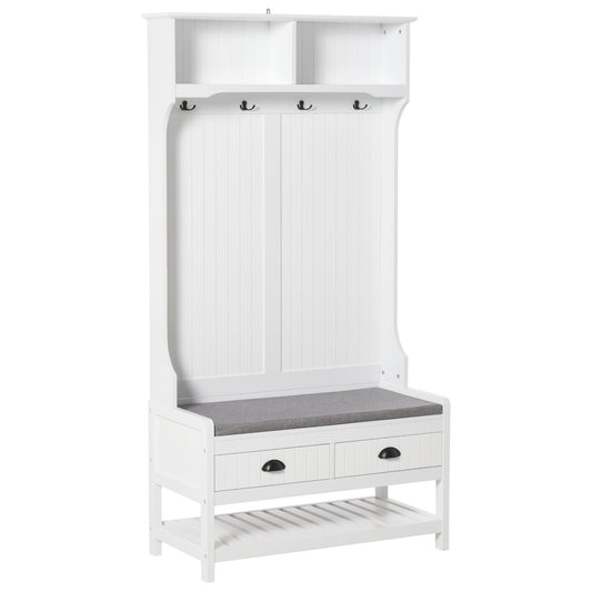 White entryway hall tree with storage bench and coat hooks