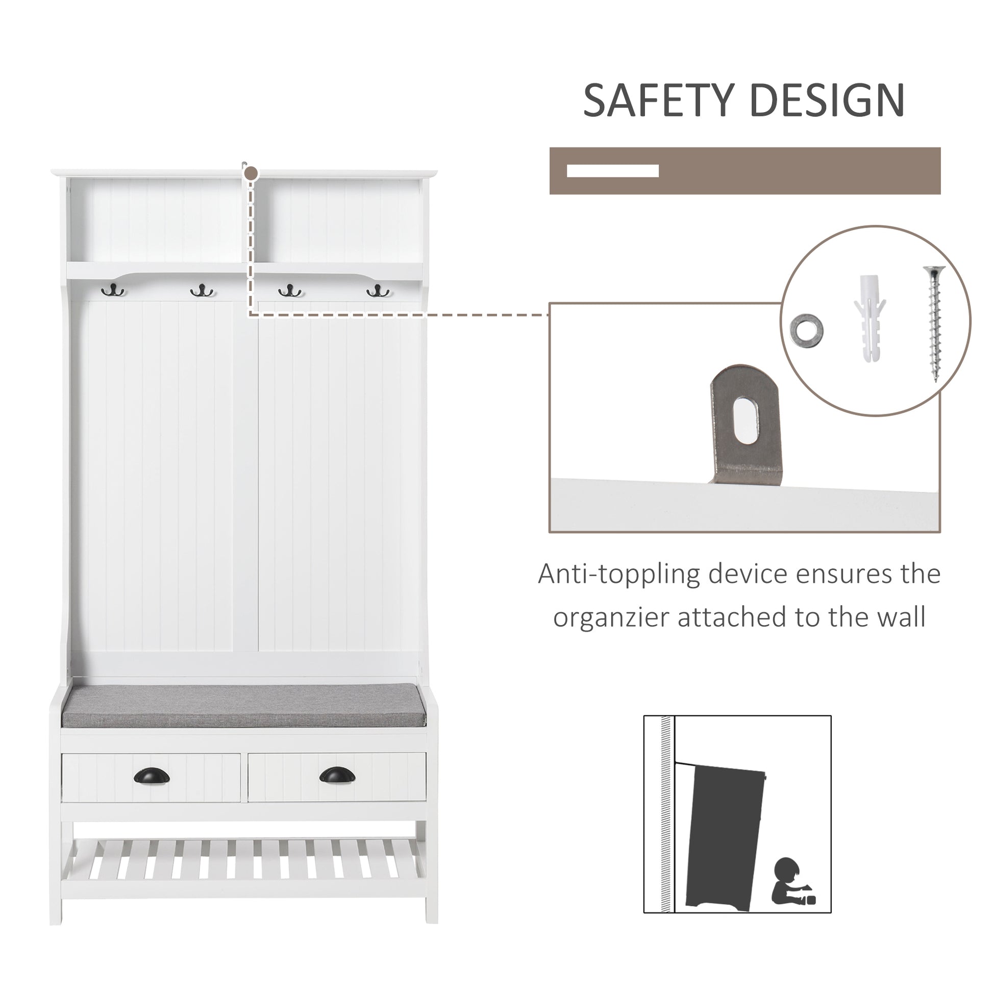 White entryway bench organizer with storage shelf two drawers and hanging hooks