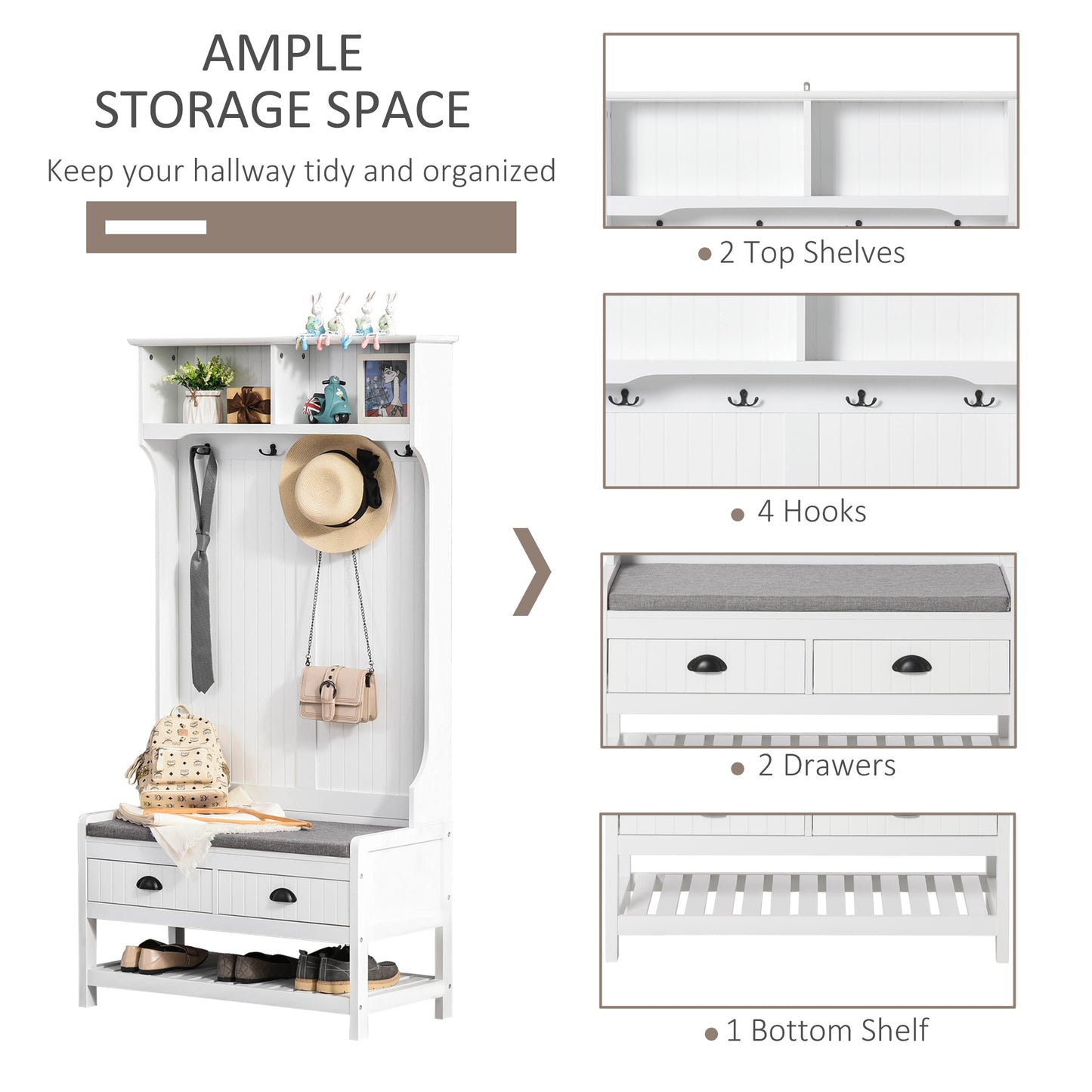 White hall tree with bench drawers hooks and shelves for entryway storage