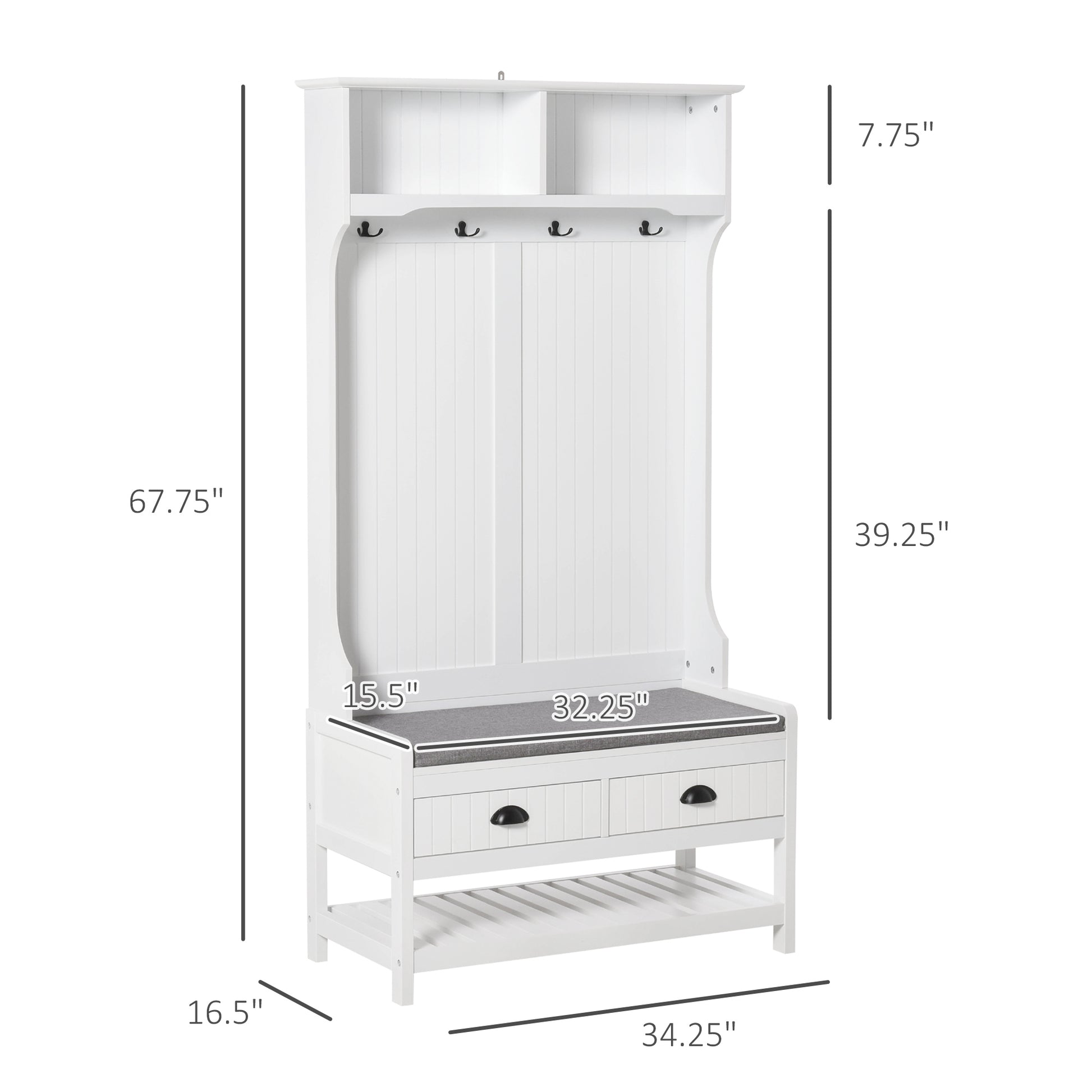 White entryway hall tree with two drawers and top shelf