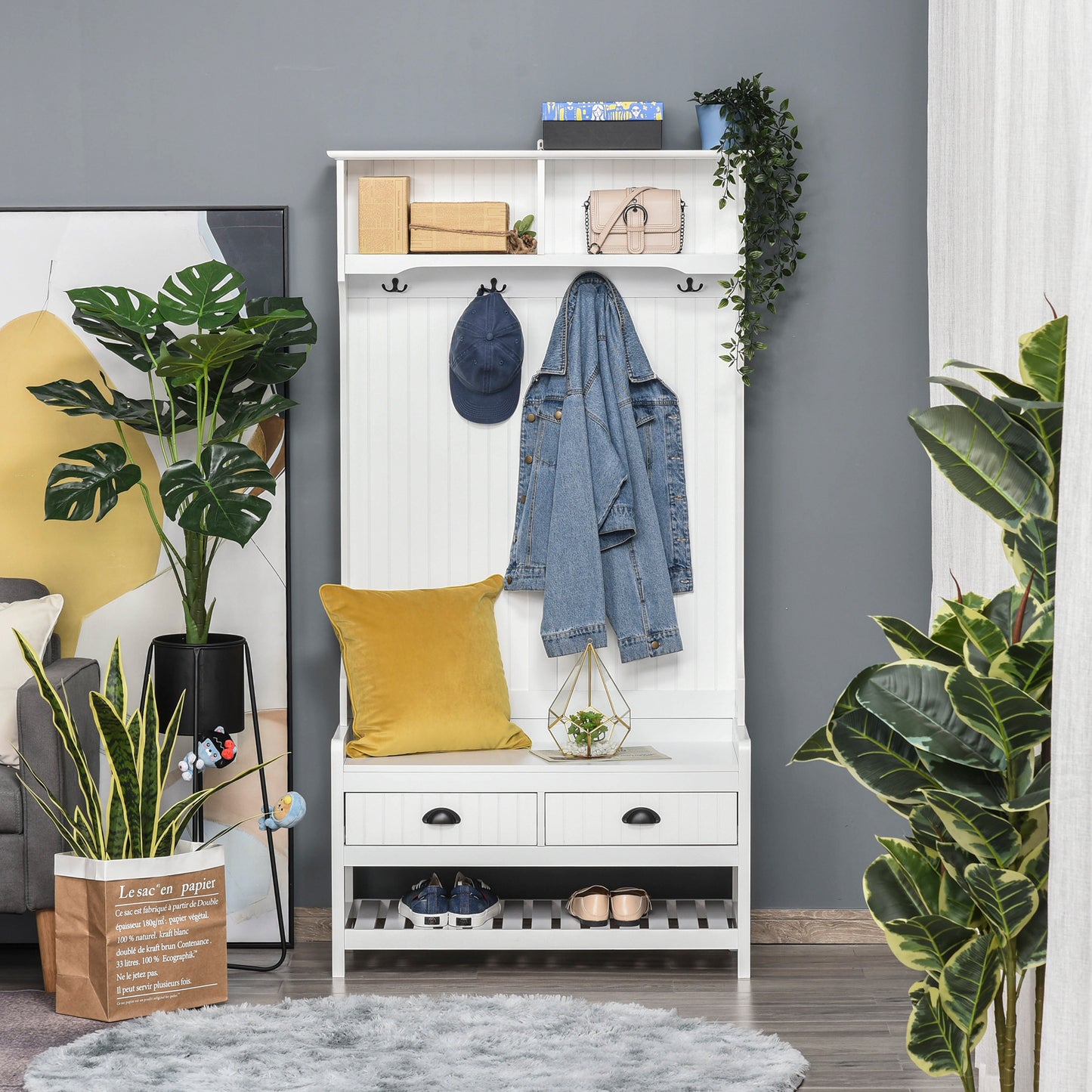 White wooden hall tree bench with drawers and shoe rack