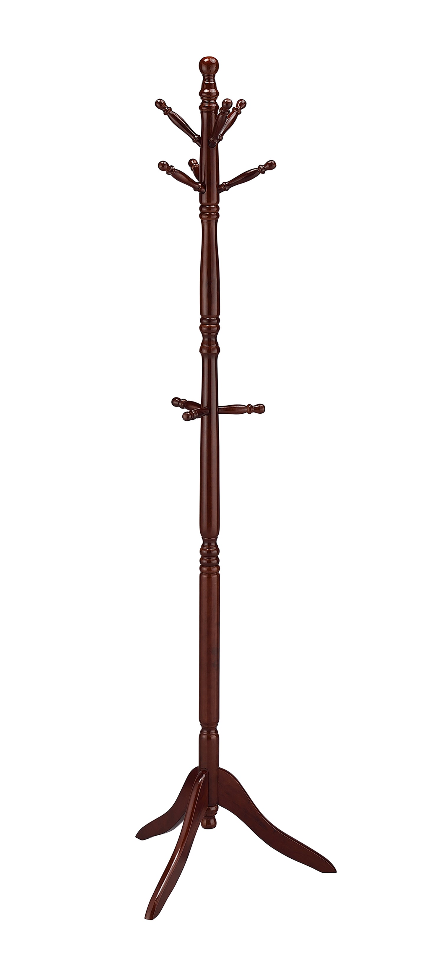Dark brown wooden coat rack with multiple hooks and a flared base