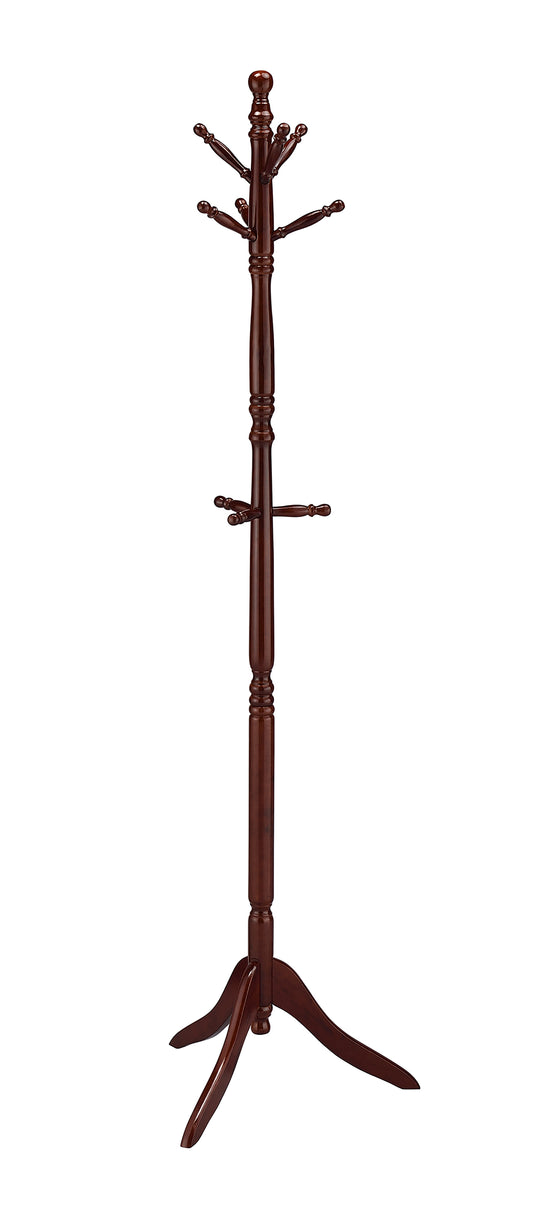 Dark brown wooden coat rack with multiple hooks and a flared base