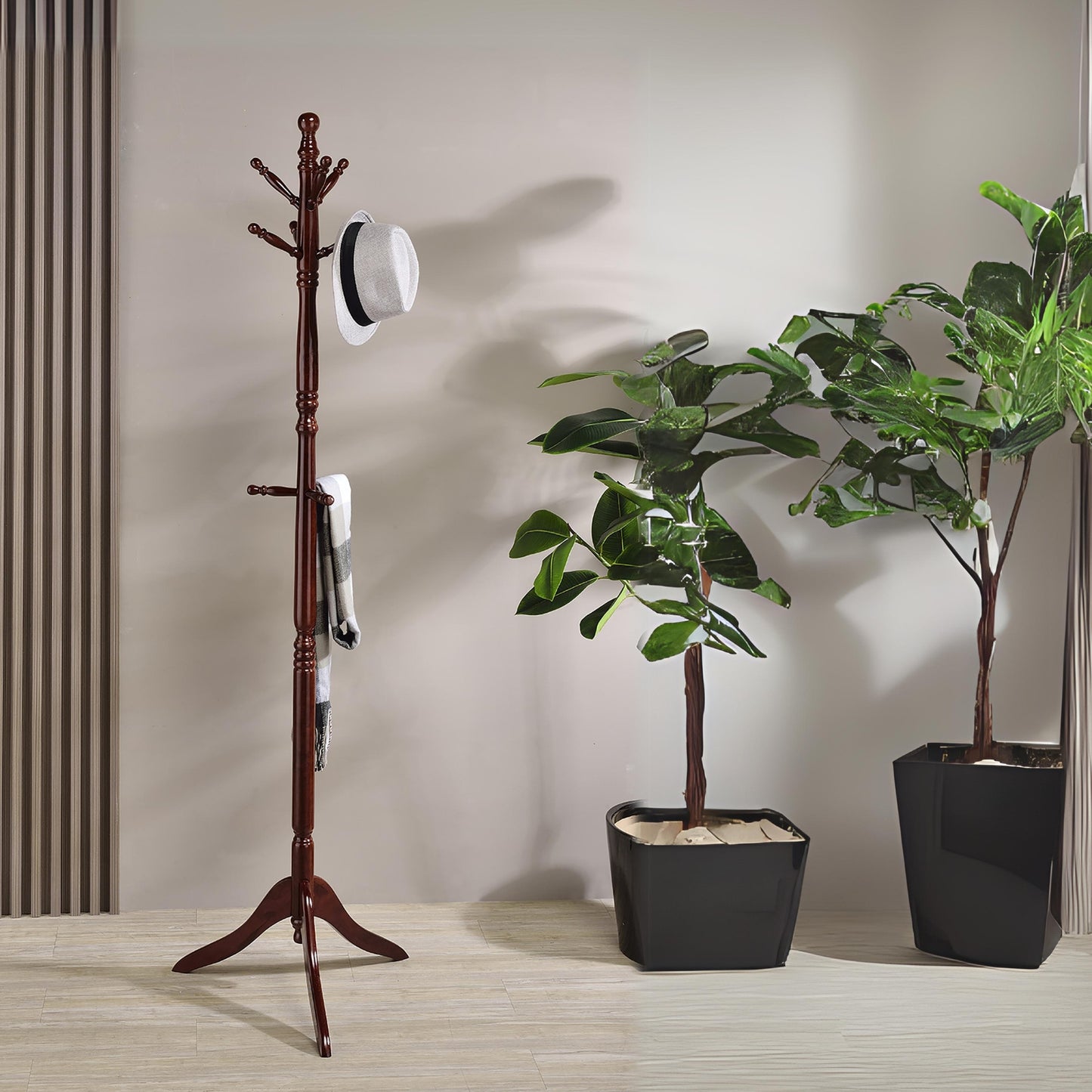 Wooden coat rack with hat and scarf