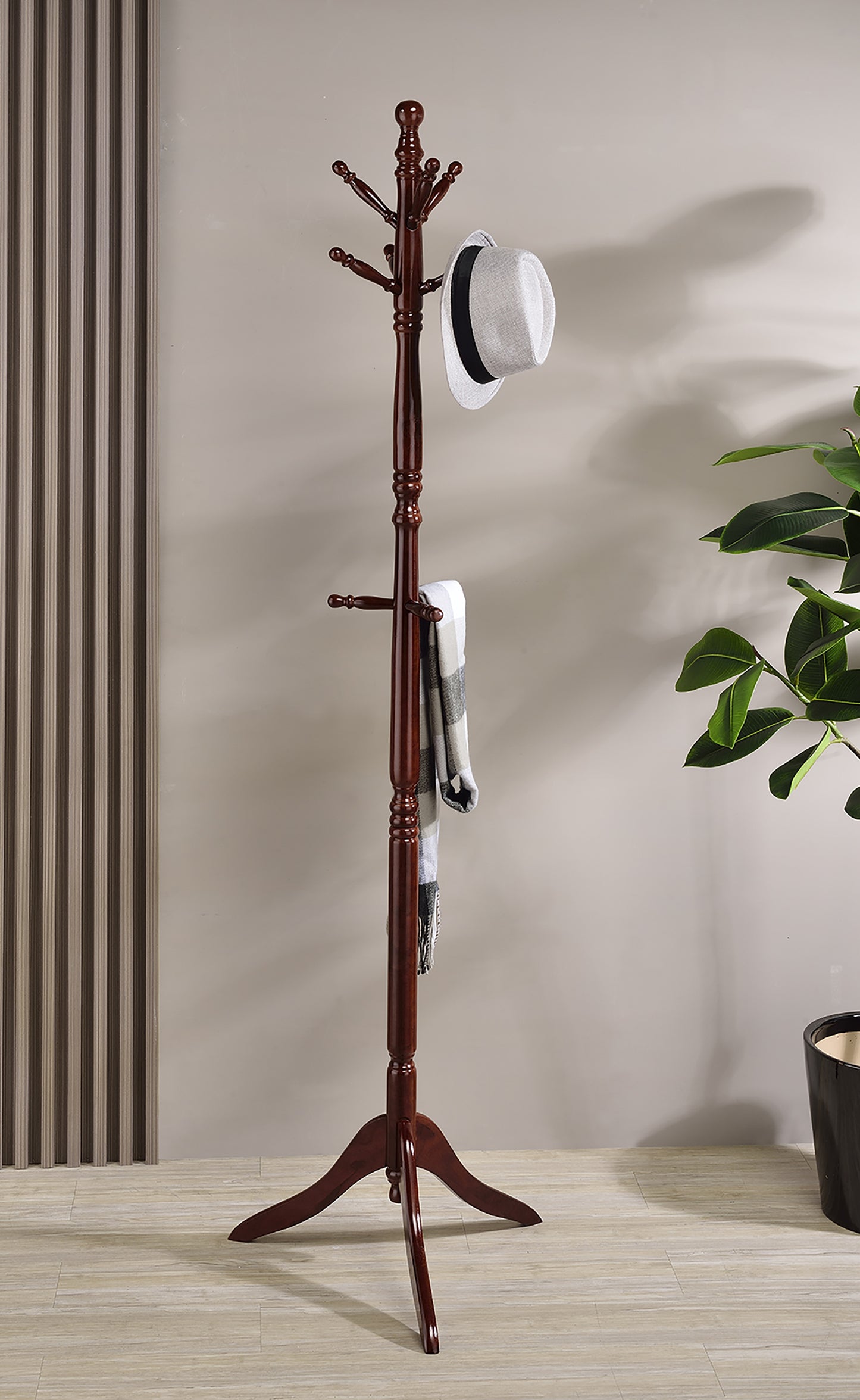 Dark cherry wood coat rack with hat and scarf