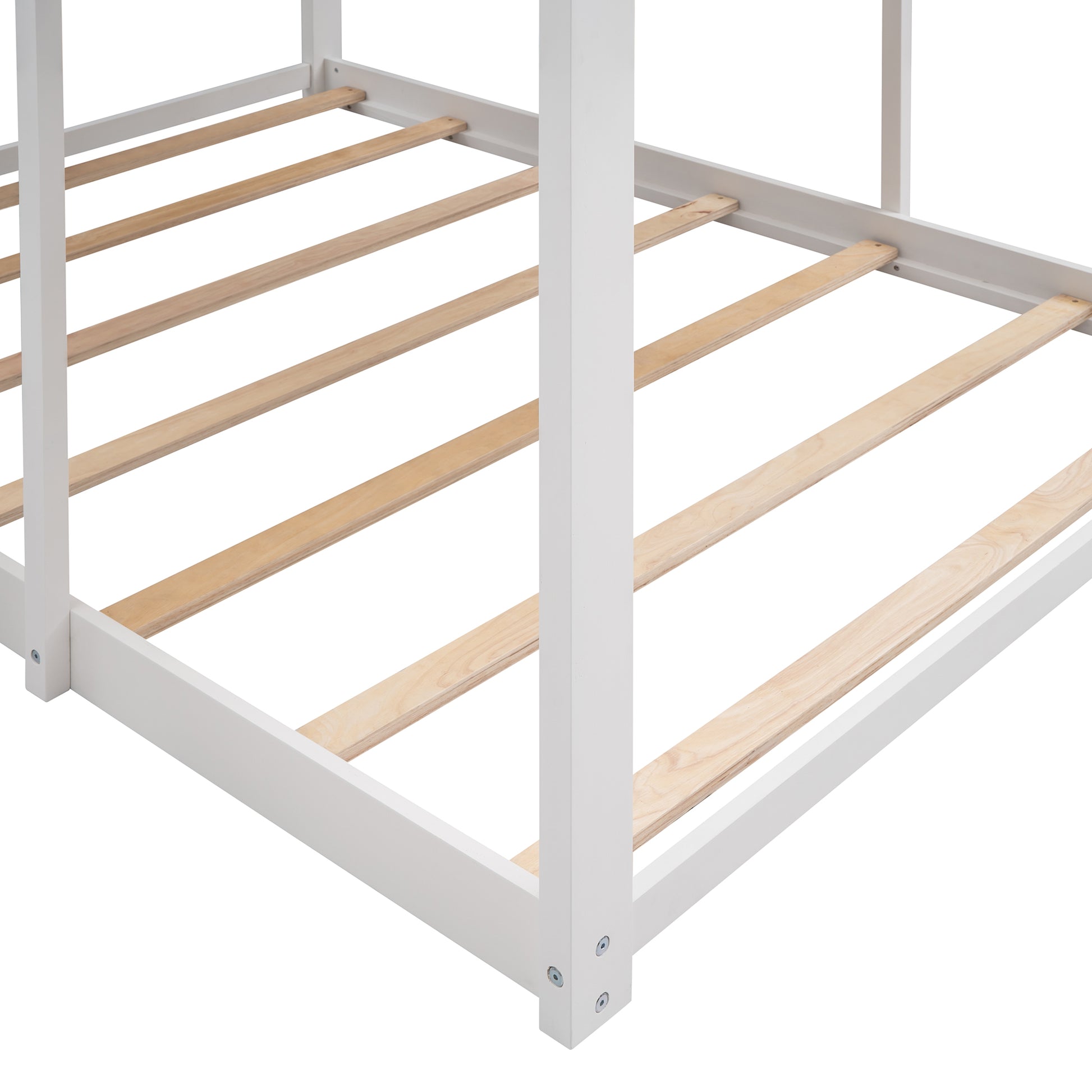 White wooden bed frame base with natural wood slats