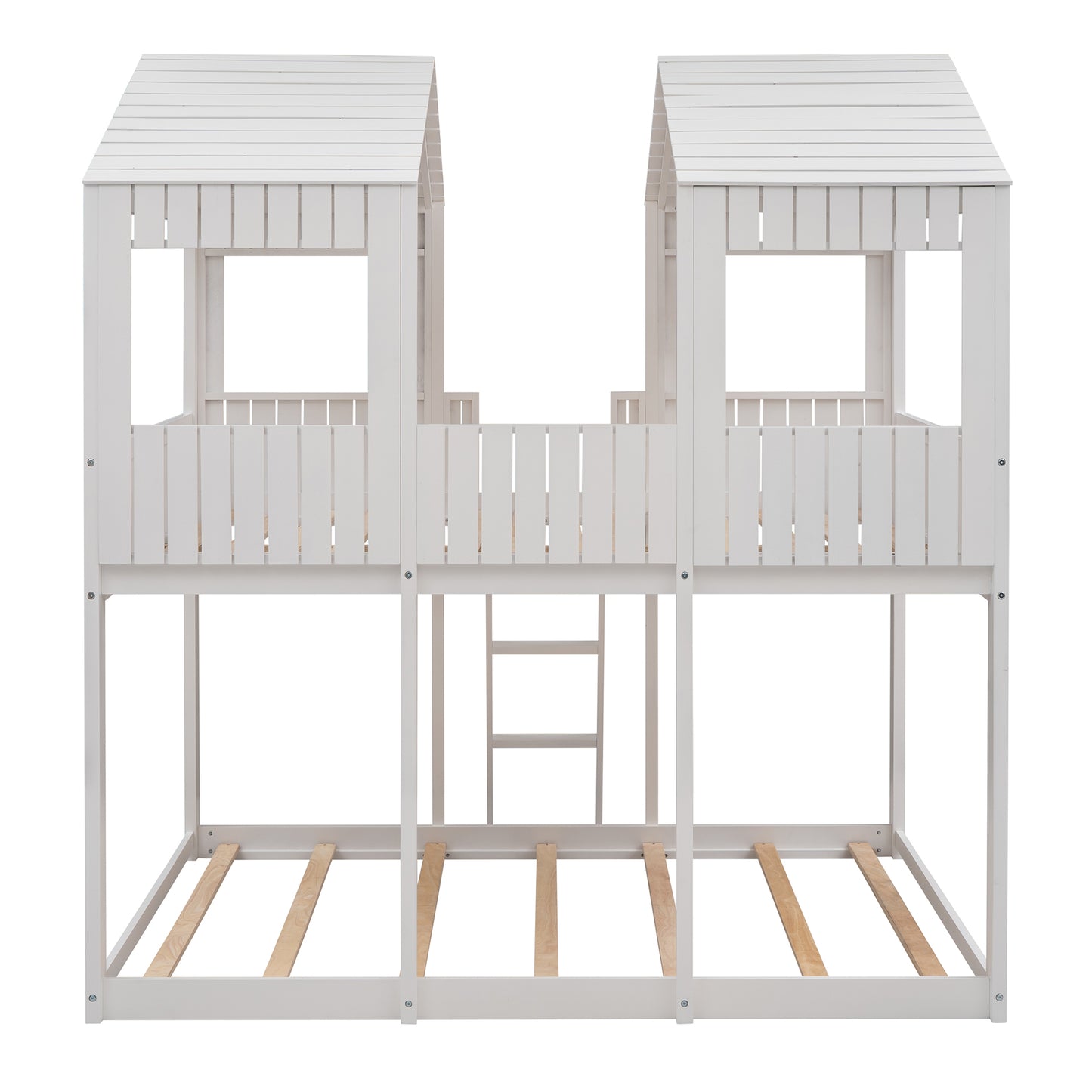 White wooden twin over twin bunk bed with houseshaped frames