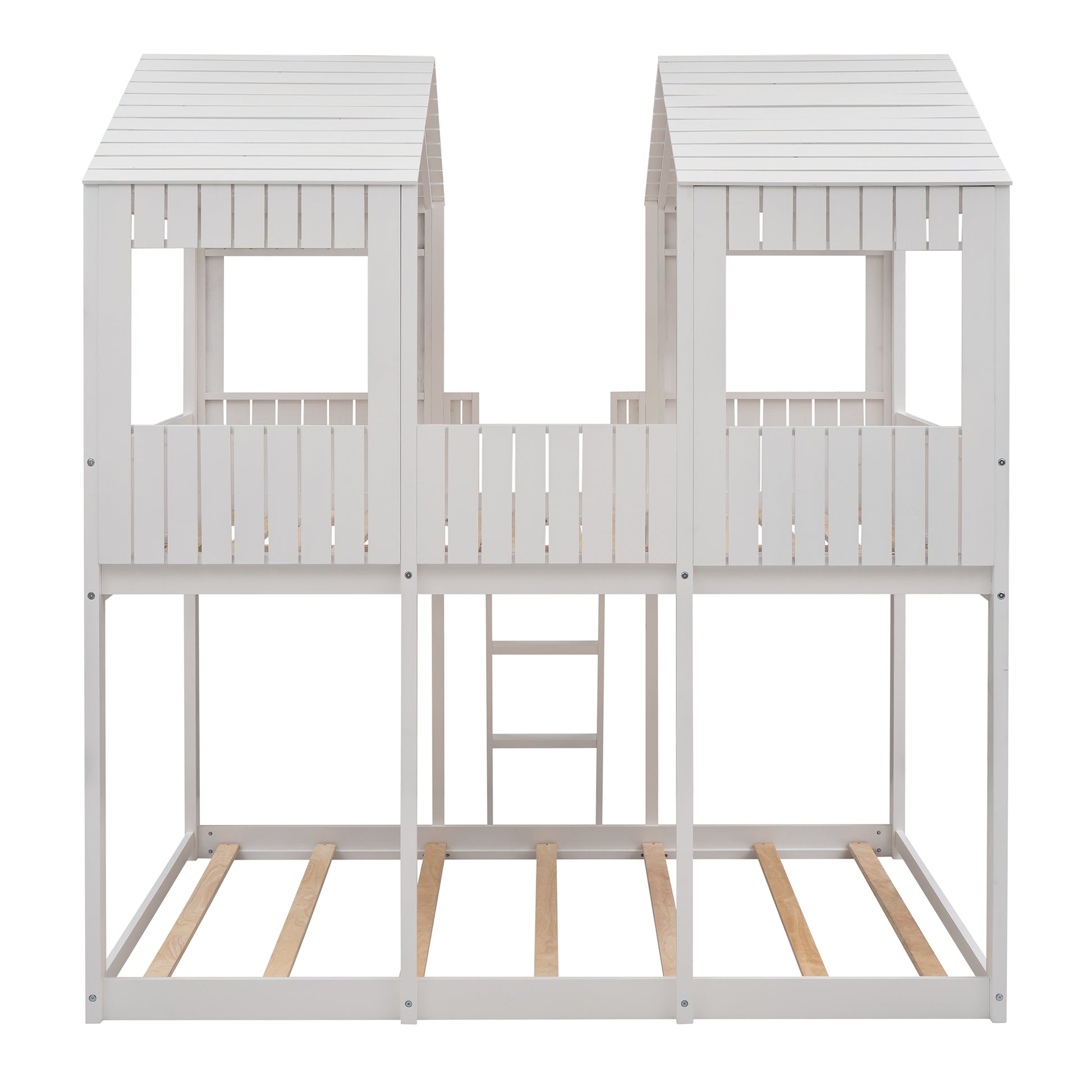 White wooden twin over twin bunk bed with houseshaped frames