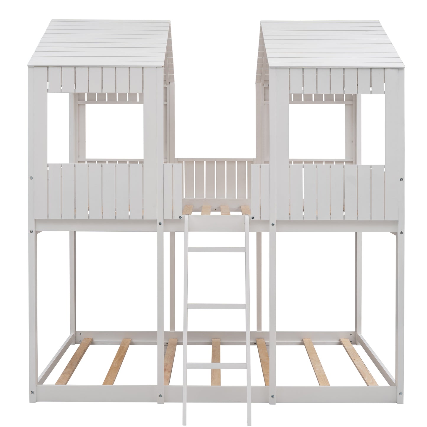 White wooden twin bunk bed with houseshaped canopy