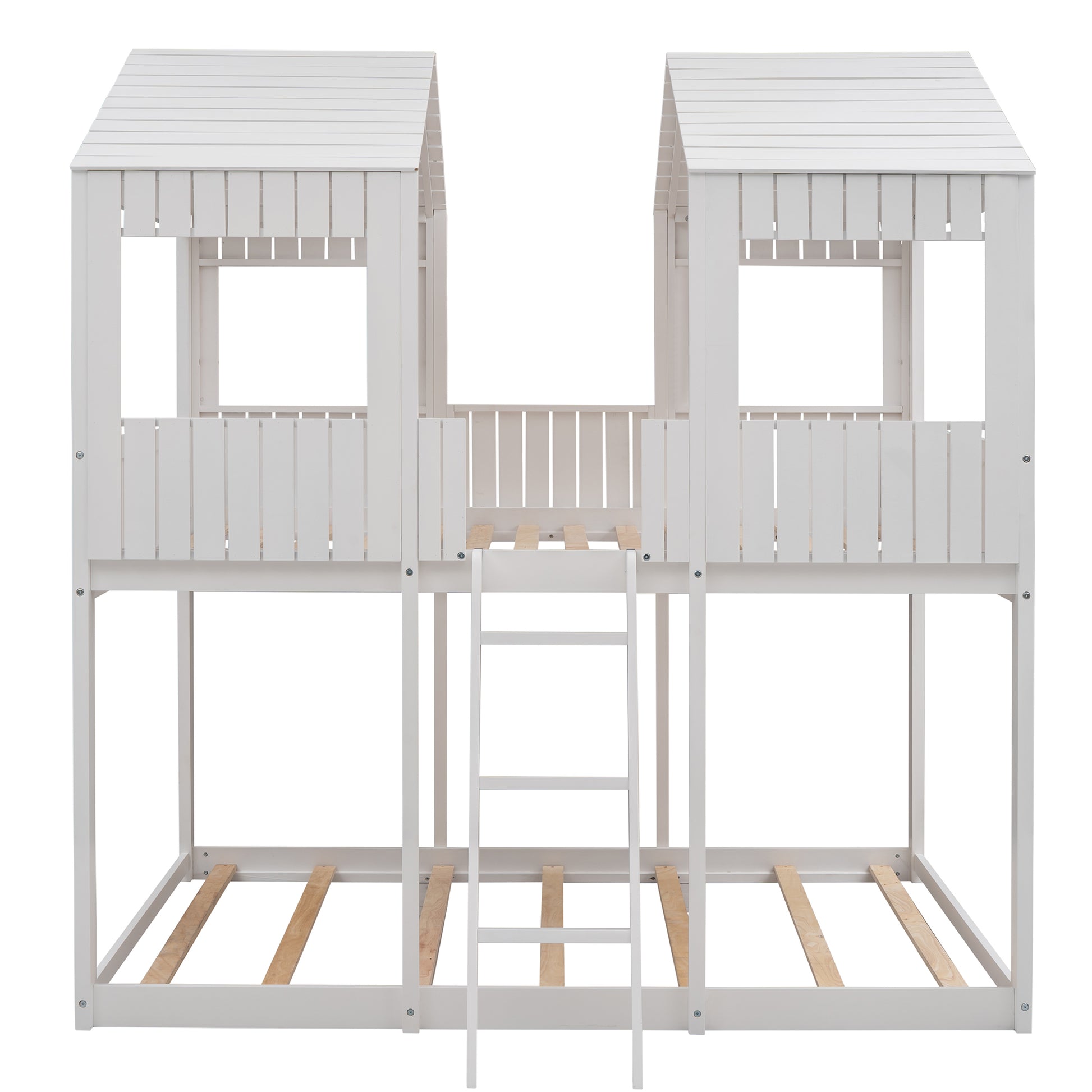 White wooden twin bunk bed with houseshaped canopy