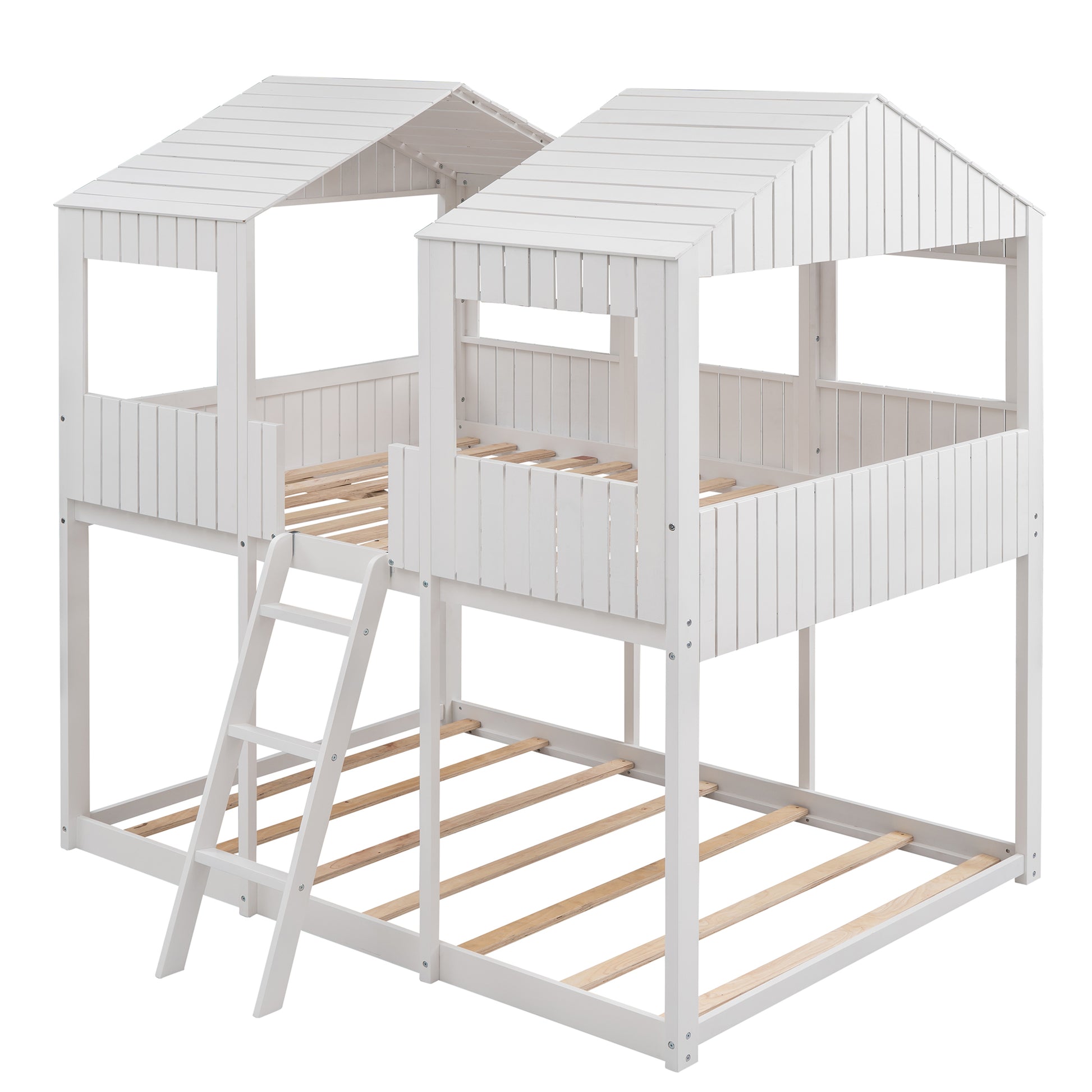 White wooden twin over twin bunk bed with houseshaped top and ladder