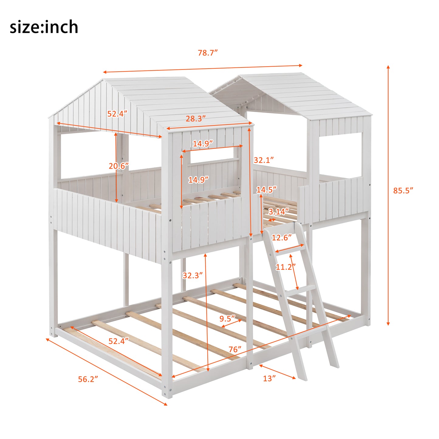 White wooden twin over twin bunk bed with houseshaped roof