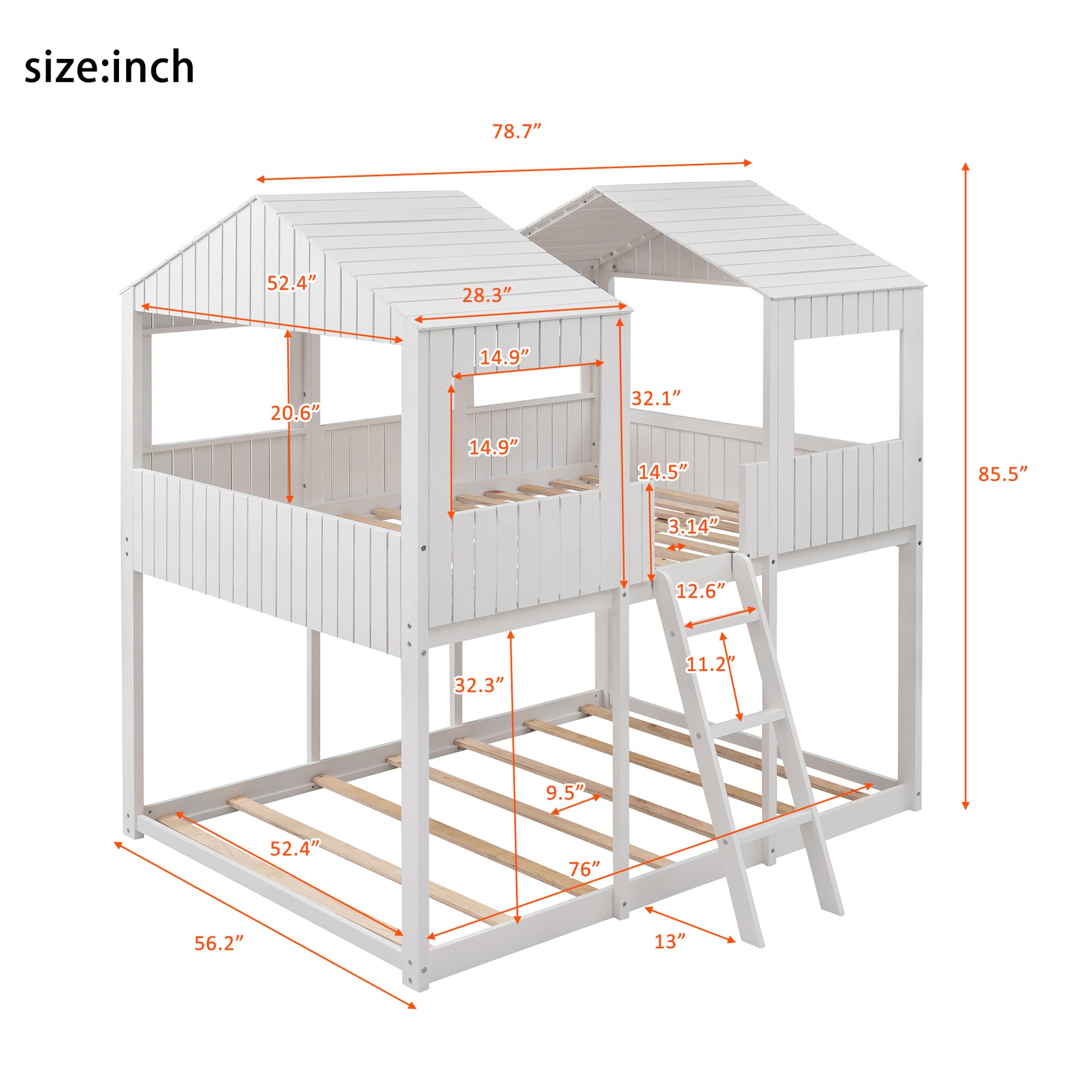 White wooden twin over twin bunk bed with houseshaped roof