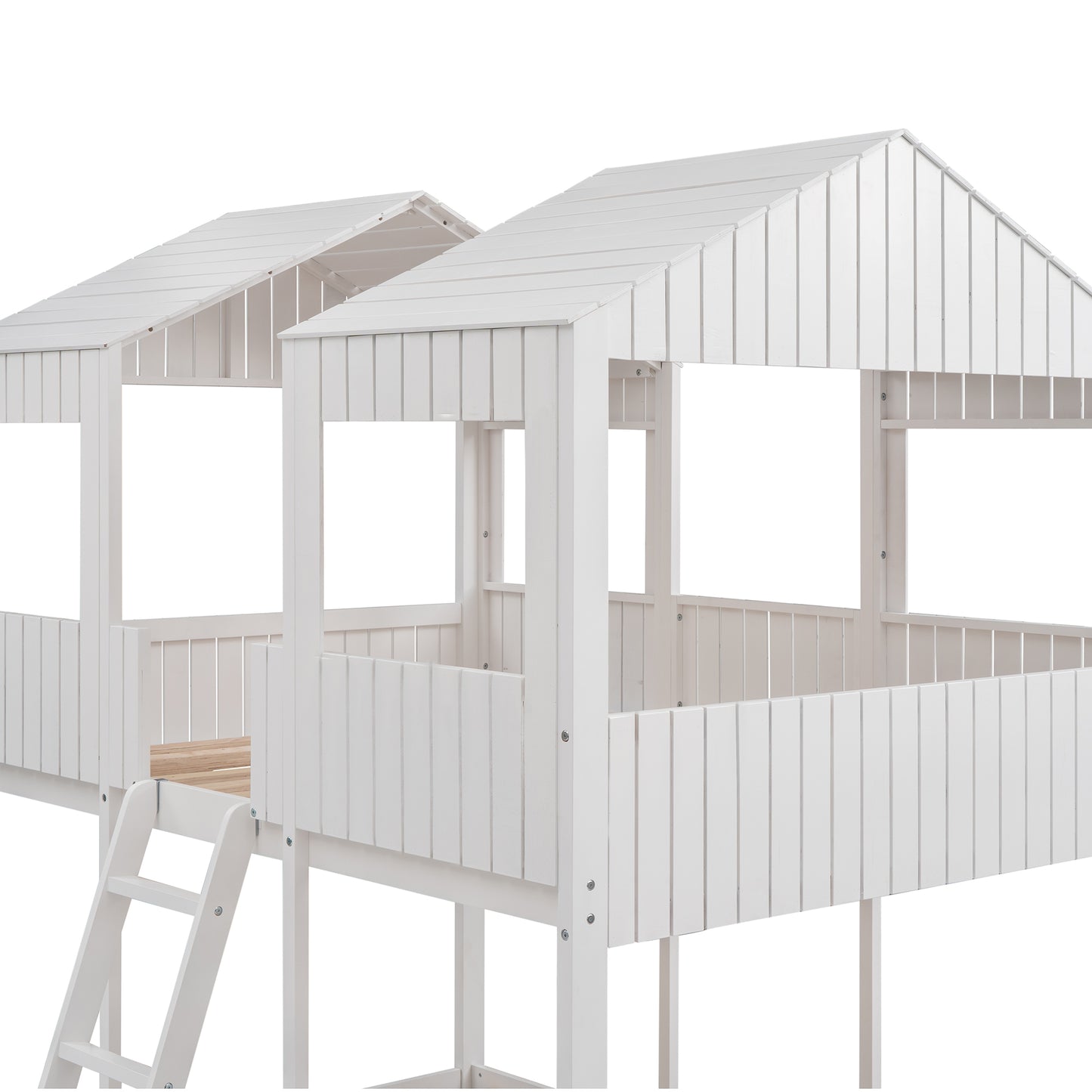 White twin loft bed with a houseshaped frame and attached ladder