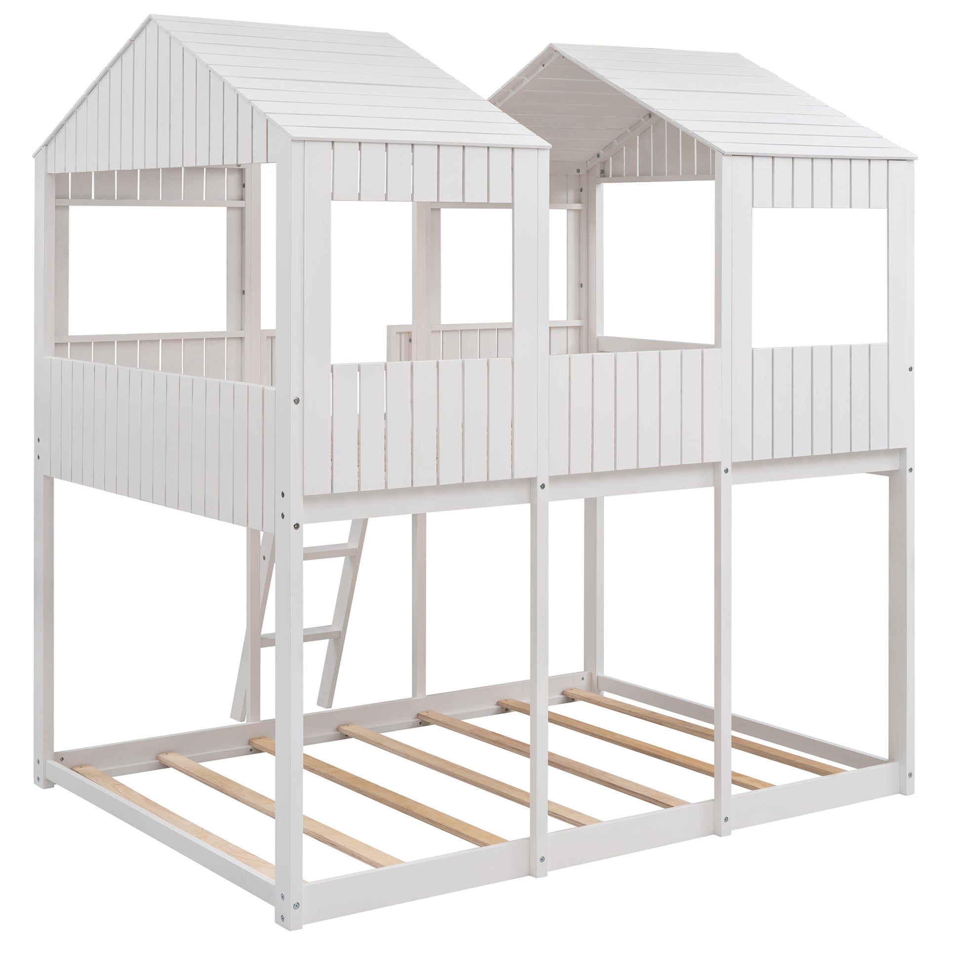 White wooden twin bunk bed with a playful houseshaped design and ladder for easy access