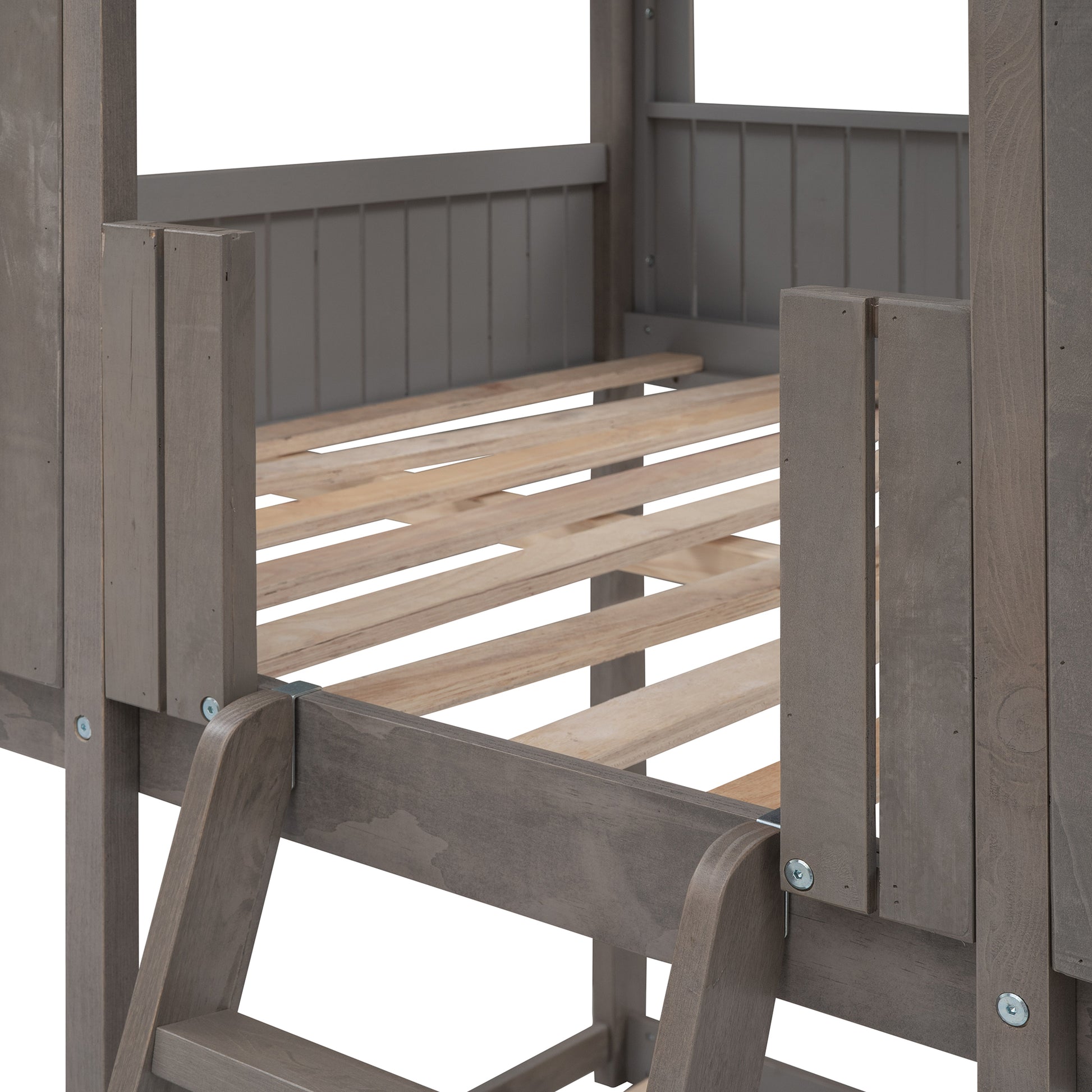 Rustic grey wooden loft bed frame with ladder detail