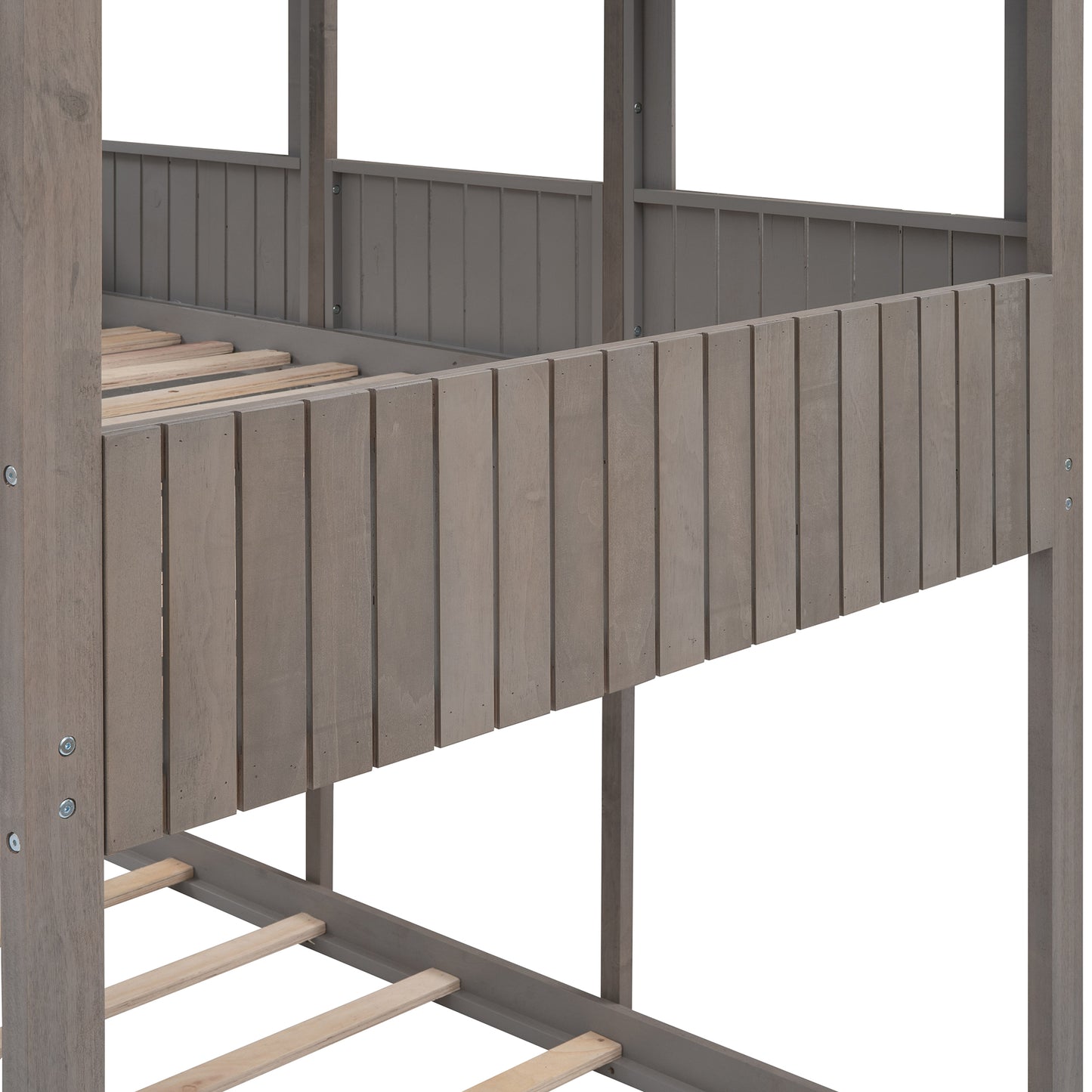 Gray wood bunk bed frame with slatted support
