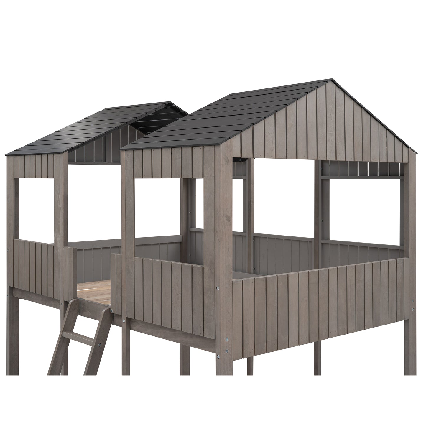Wooden outdoor playhouse with two gabled roofs and attached ladder