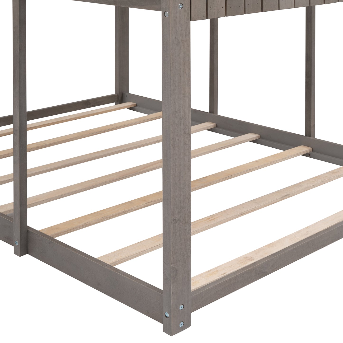 Closeup of grey wooden bunk bed frame with slatted base