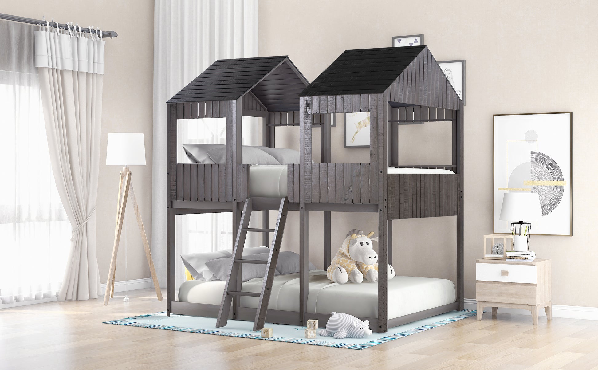 Dark gray wooden houseshaped twin bunk bed with ladder