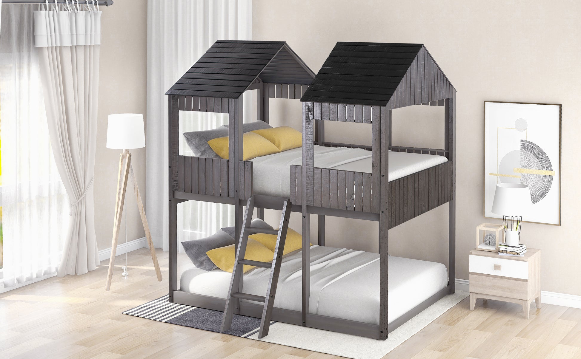 Gray wooden twin over twin bunk bed with houseshaped roof