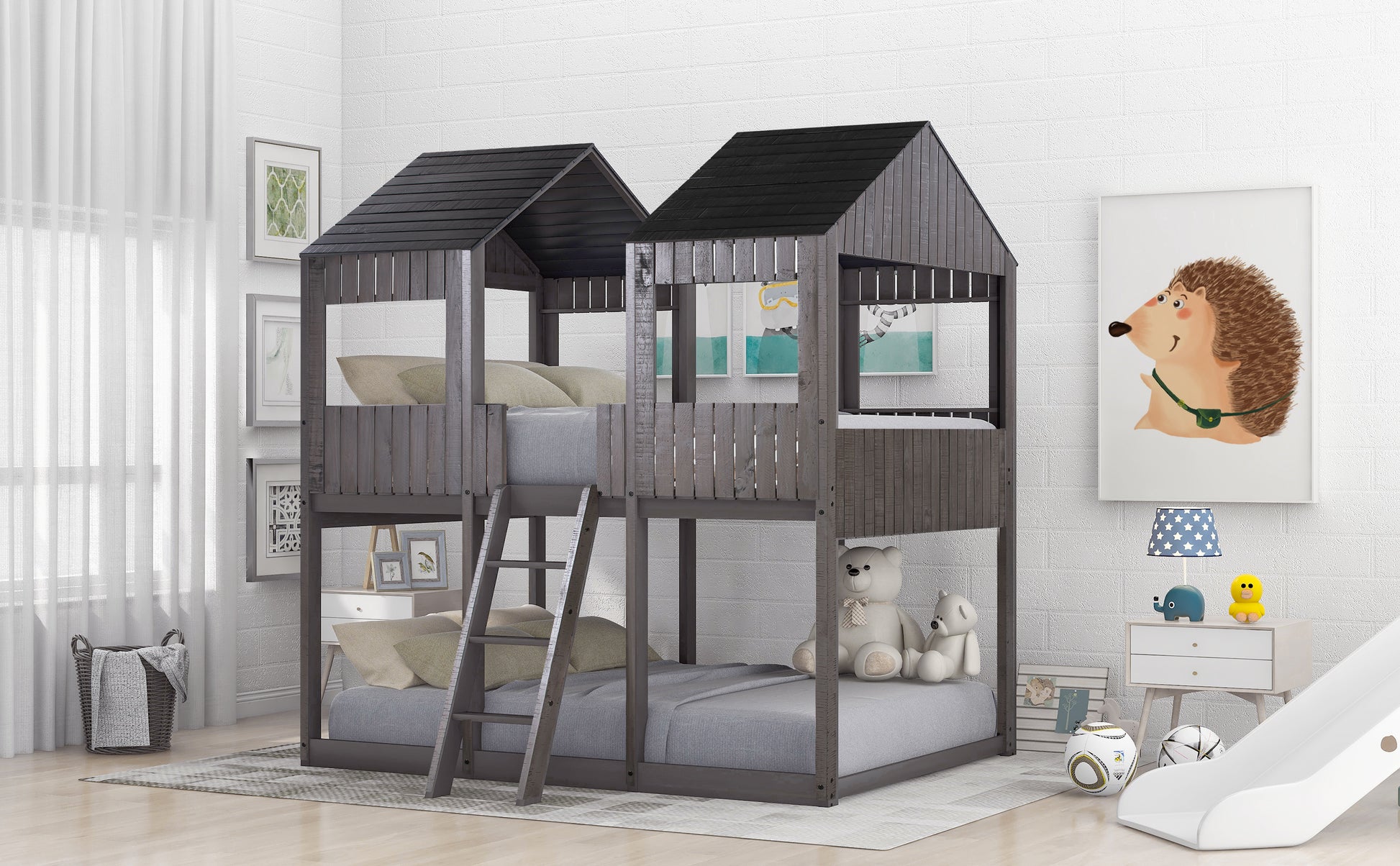 Dark gray wooden twin over twin bunk bed with houseshaped top