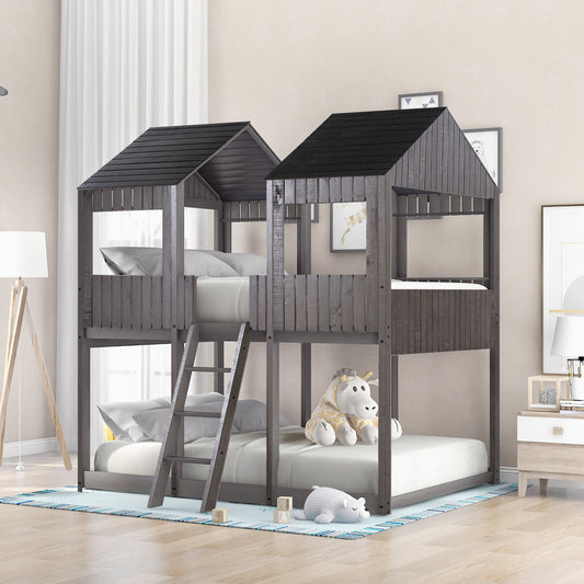 Grey wooden twin over twin bunk bed with houseshaped design and ladder