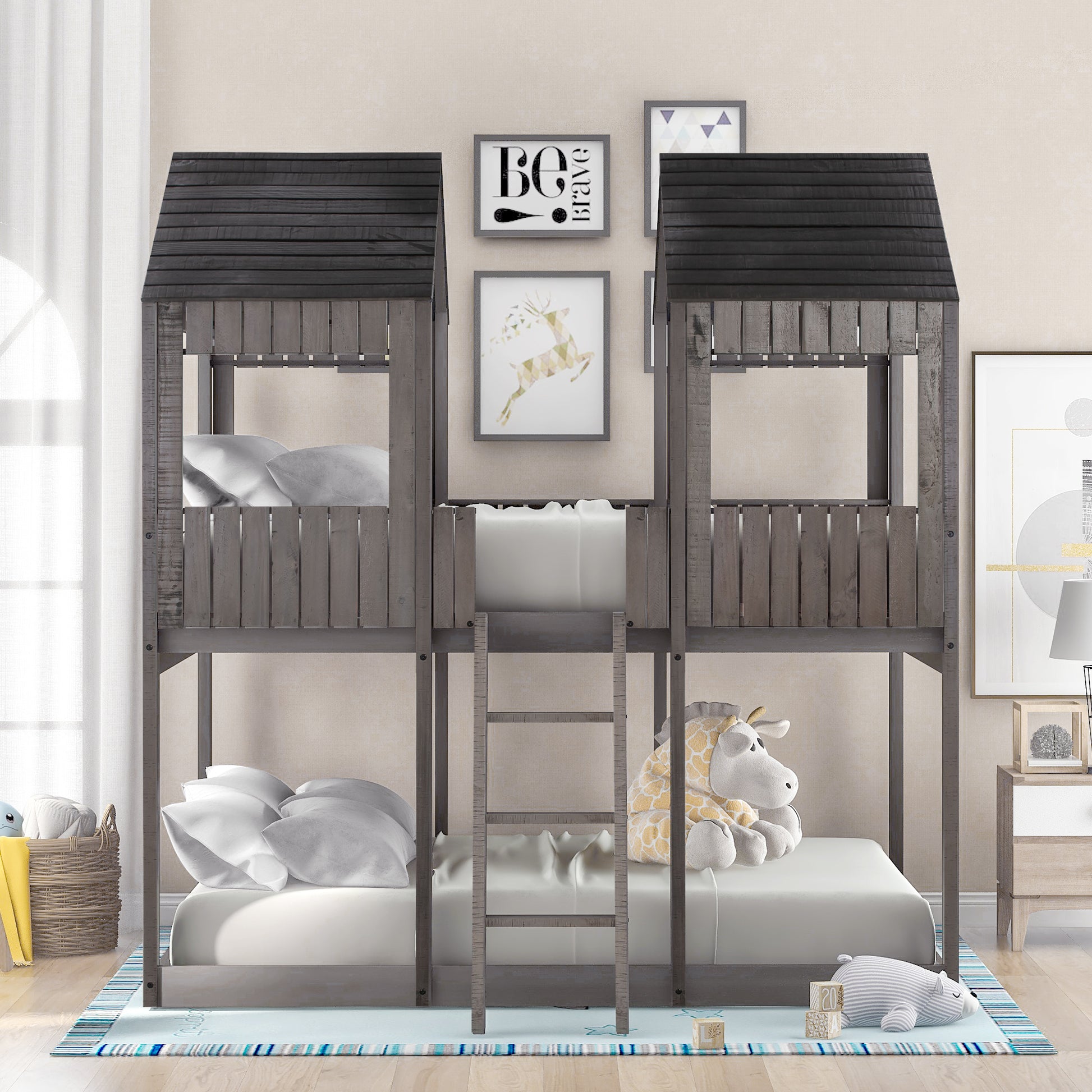 Gray wooden twin over twin bunk bed with house design