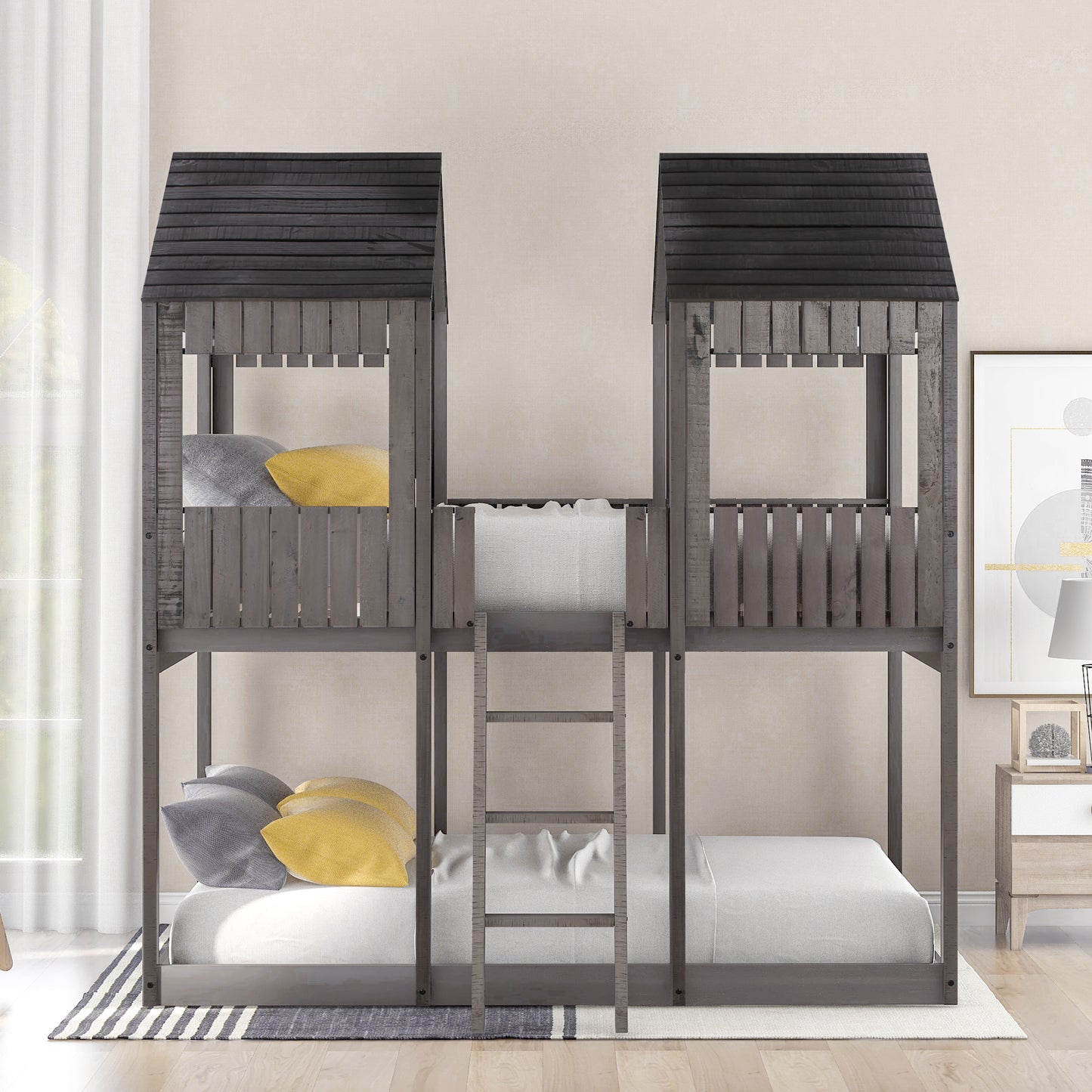 Gray wooden bunk bed with twin beds and houseshaped upper cabin